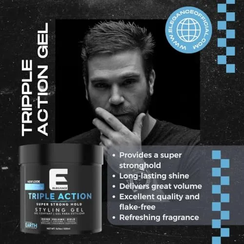 E Elegance Earth Fragrance Triple Action Hair Gel for Men And Women - Super Strong Hold, Extreme Volume, And Long Lasting Shine - Flake Free And Refreshing Fragrance - All Hair Types, 16.9 oz