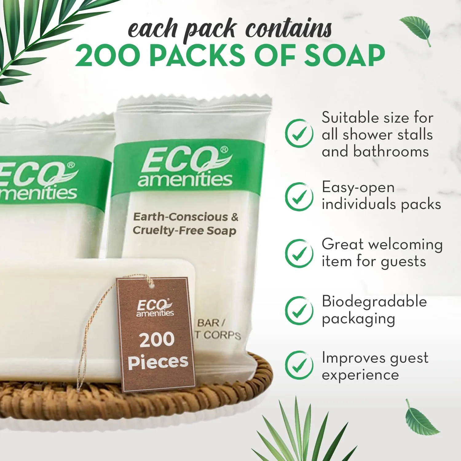 ECO amenities Bar Soap Bulk - 200 Pack, 0.5 oz Travel Size Soap Bars - Individually Wrapped Hotel Soap - Great for Vacation Rental and Airbnb Toiletries or Hygiene Kits Supplies