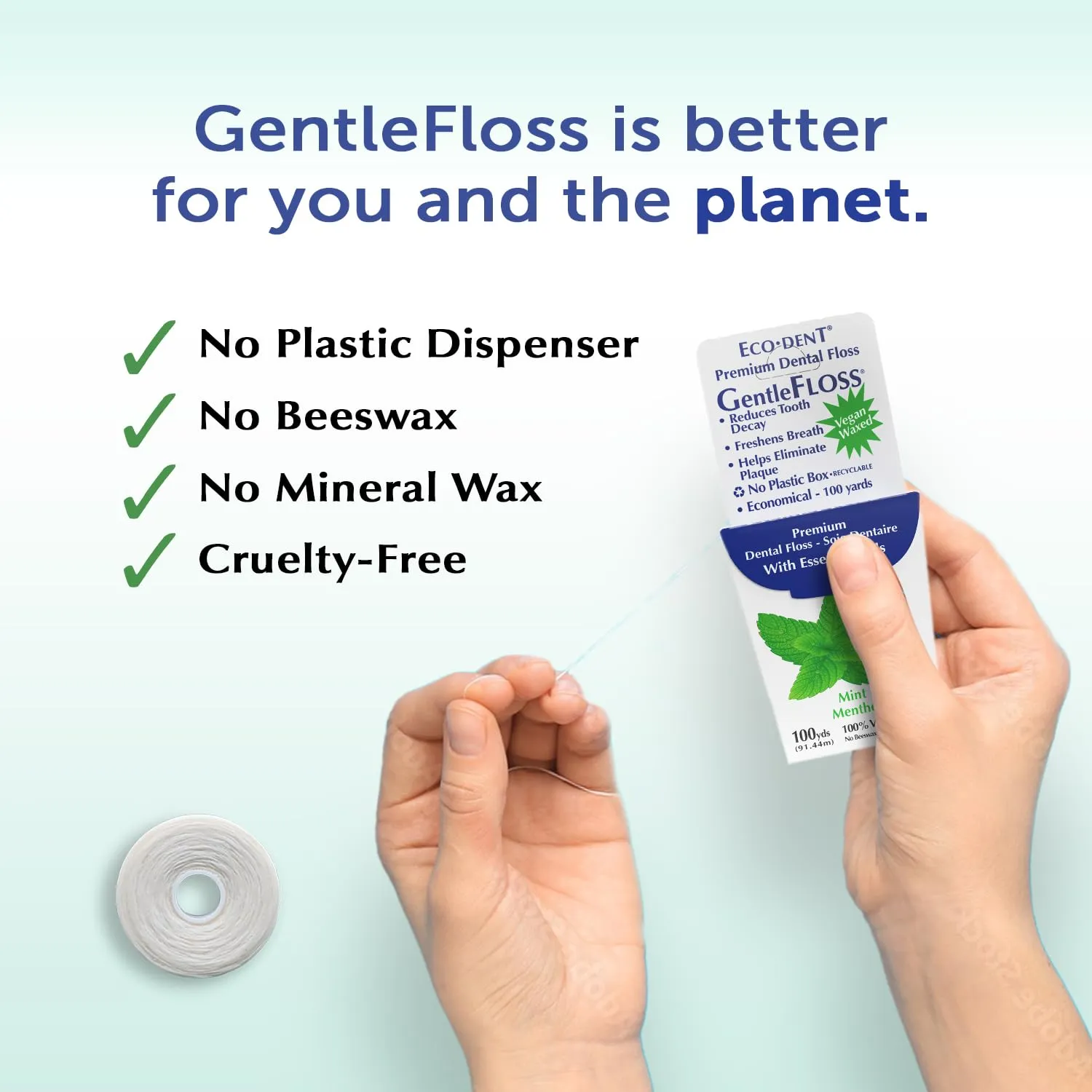 Eco-Dent GentleFloss Dental Floss, Waxed, Mint - Floss with Vegan Plant-Based Wax, Recyclable Cardboard Packaging, 100 Yds Ea (Pack of 6)