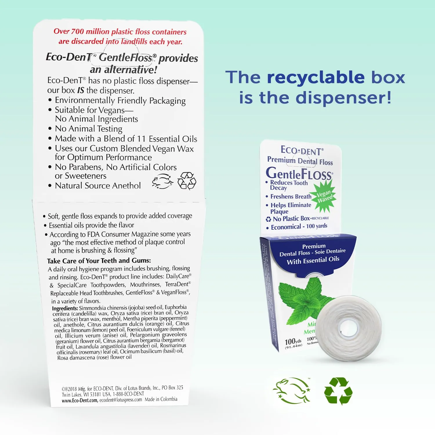 Eco-Dent GentleFloss Dental Floss, Waxed, Mint - Floss with Vegan Plant-Based Wax, Recyclable Cardboard Packaging, 100 Yds Ea (Pack of 6)