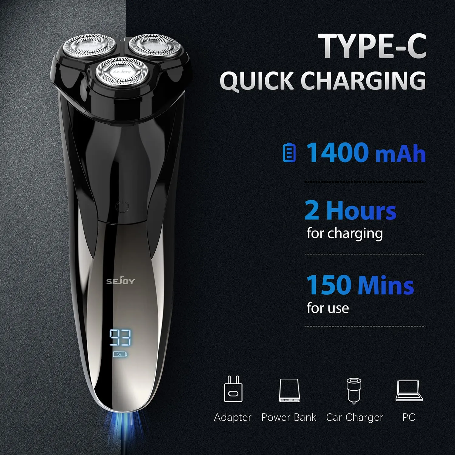 Electric Razor for Men, Mens Electric Shavers, Rechargeable Wet & Dry Electric Razor Shaving Machines, Pop Up Trimmer for Travel Home, Rechargeable,LED Display,IPX7 Waterproof, Black
