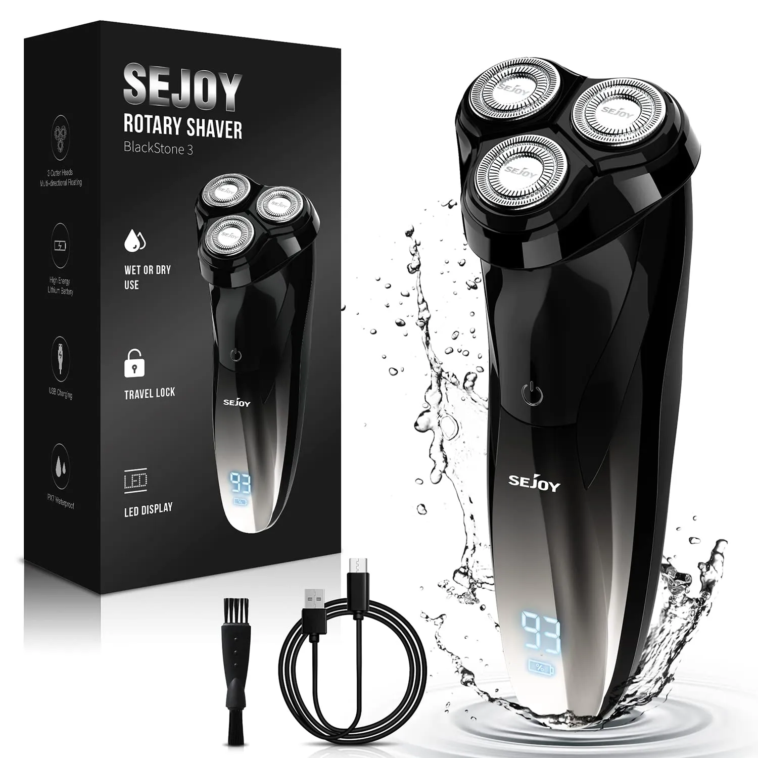 Electric Razor for Men, Mens Electric Shavers, Rechargeable Wet & Dry Electric Razor Shaving Machines, Pop Up Trimmer for Travel Home, Rechargeable,LED Display,IPX7 Waterproof, Black