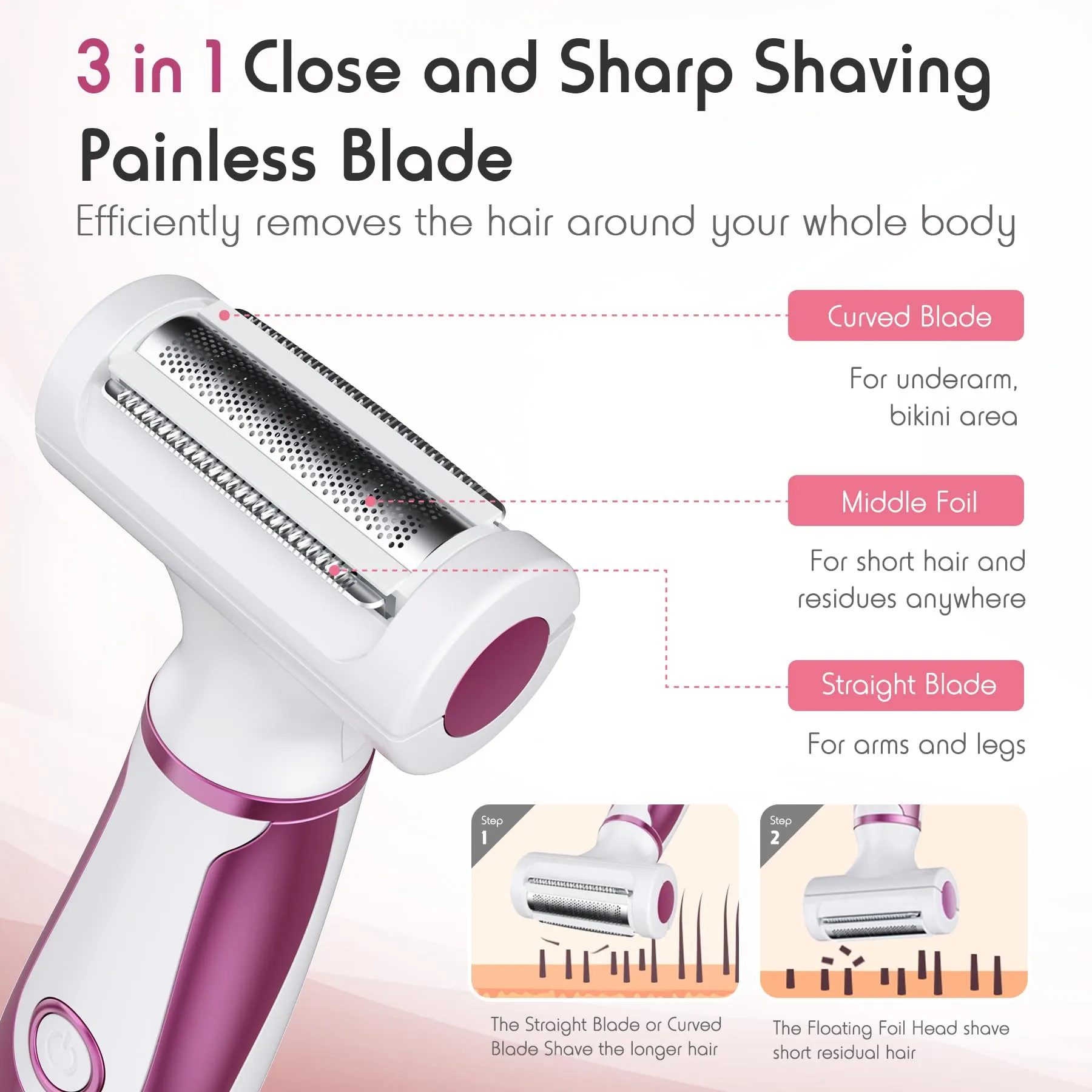 Electric Razors for Women, 4 in 1 Electric Shaver for Women, Womens Electric Razor for Legs Face Arm Bikini Armpit Pubic Hair, Painless Rechargeable Bikini Trimmer for Women Wet Dry Use, Rose