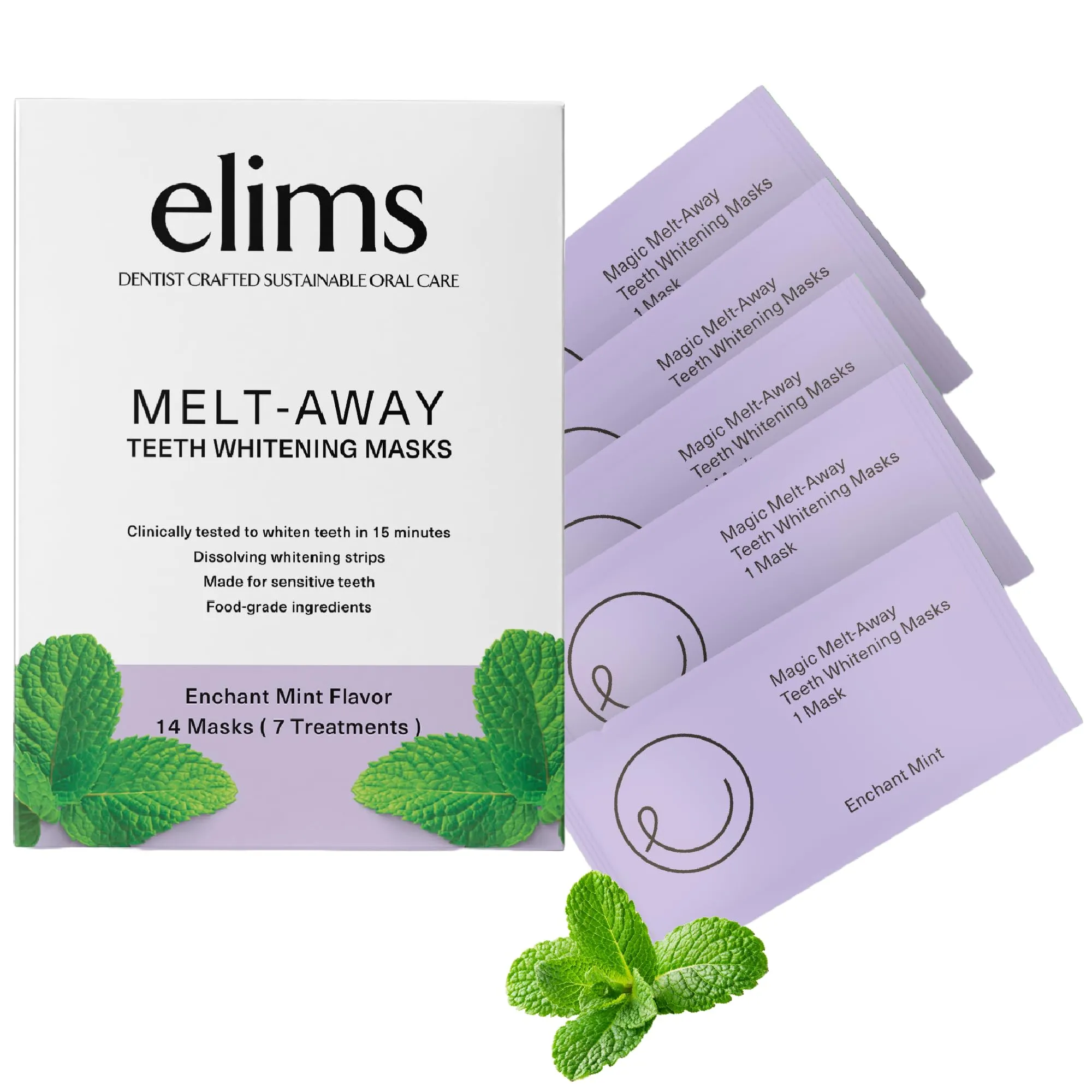 ELIMS Melt-Away Teeth Whitening Non-Toxic Strips for Sensitive Teeth - 14 Strips, 7 Treatments - Dissolving Mess-Free Application