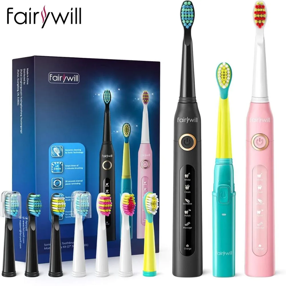Fairywill Electric Sonic Toothbrush Waterproof 5 Modes USB Charge Rechargeable Adult 8 Brushes Replacement Heads Toothbrush Gift
