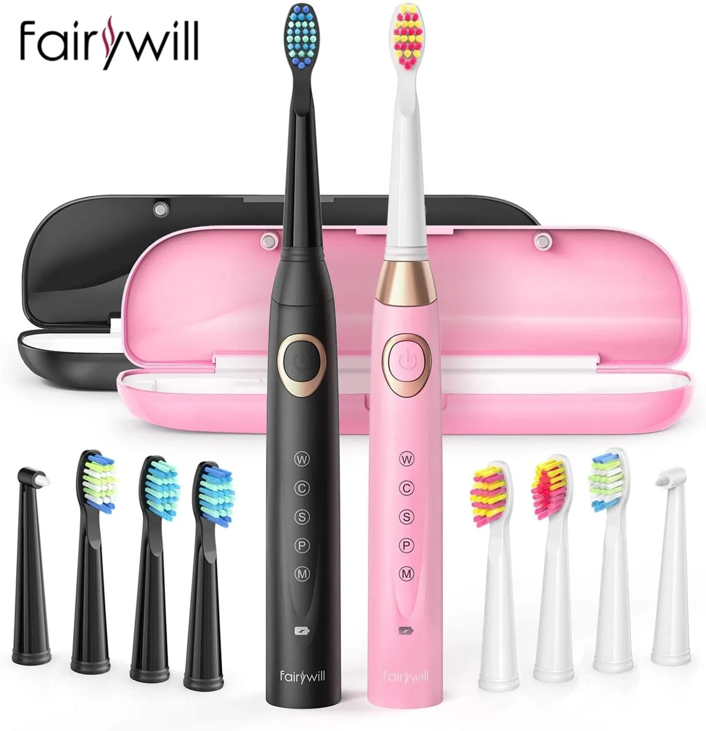 Fairywill Electric Sonic Toothbrush Waterproof 5 Modes USB Charge Rechargeable Adult 8 Brushes Replacement Heads Toothbrush Gift