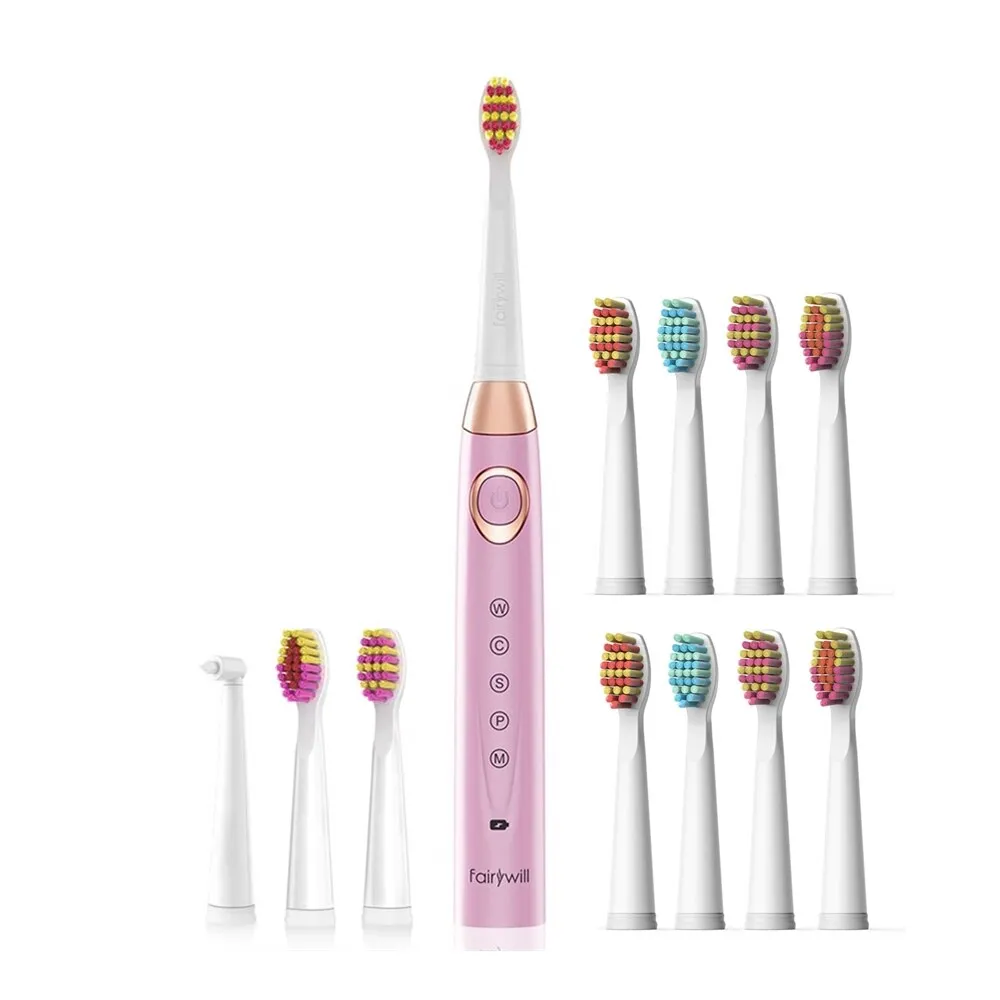Fairywill Electric Sonic Toothbrush Waterproof 5 Modes USB Charge Rechargeable Adult 8 Brushes Replacement Heads Toothbrush Gift