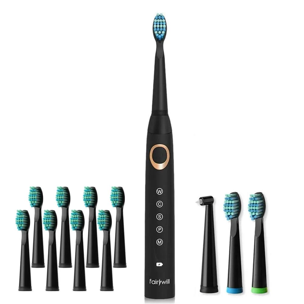 Fairywill Electric Sonic Toothbrush Waterproof 5 Modes USB Charge Rechargeable Adult 8 Brushes Replacement Heads Toothbrush Gift