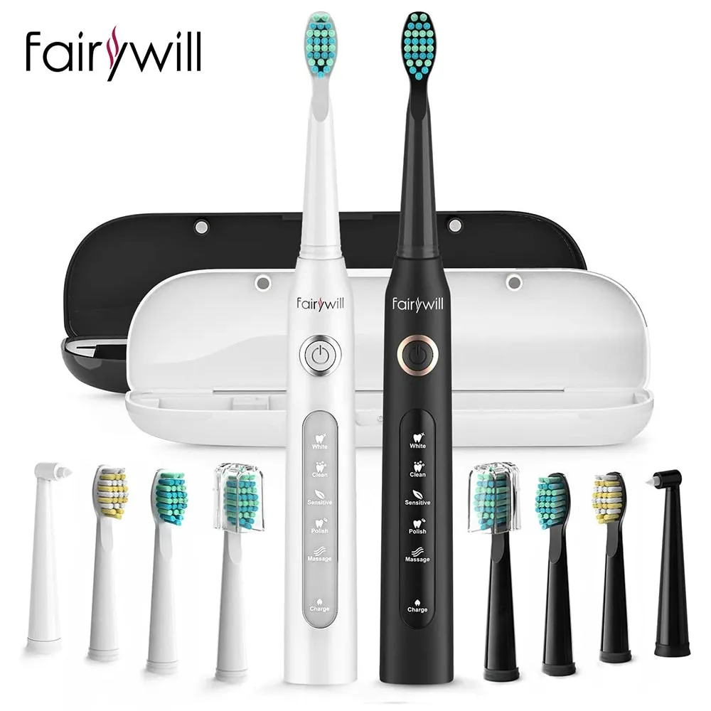 Fairywill Electric Sonic Toothbrush Waterproof 5 Modes USB Charge Rechargeable Adult 8 Brushes Replacement Heads Toothbrush Gift
