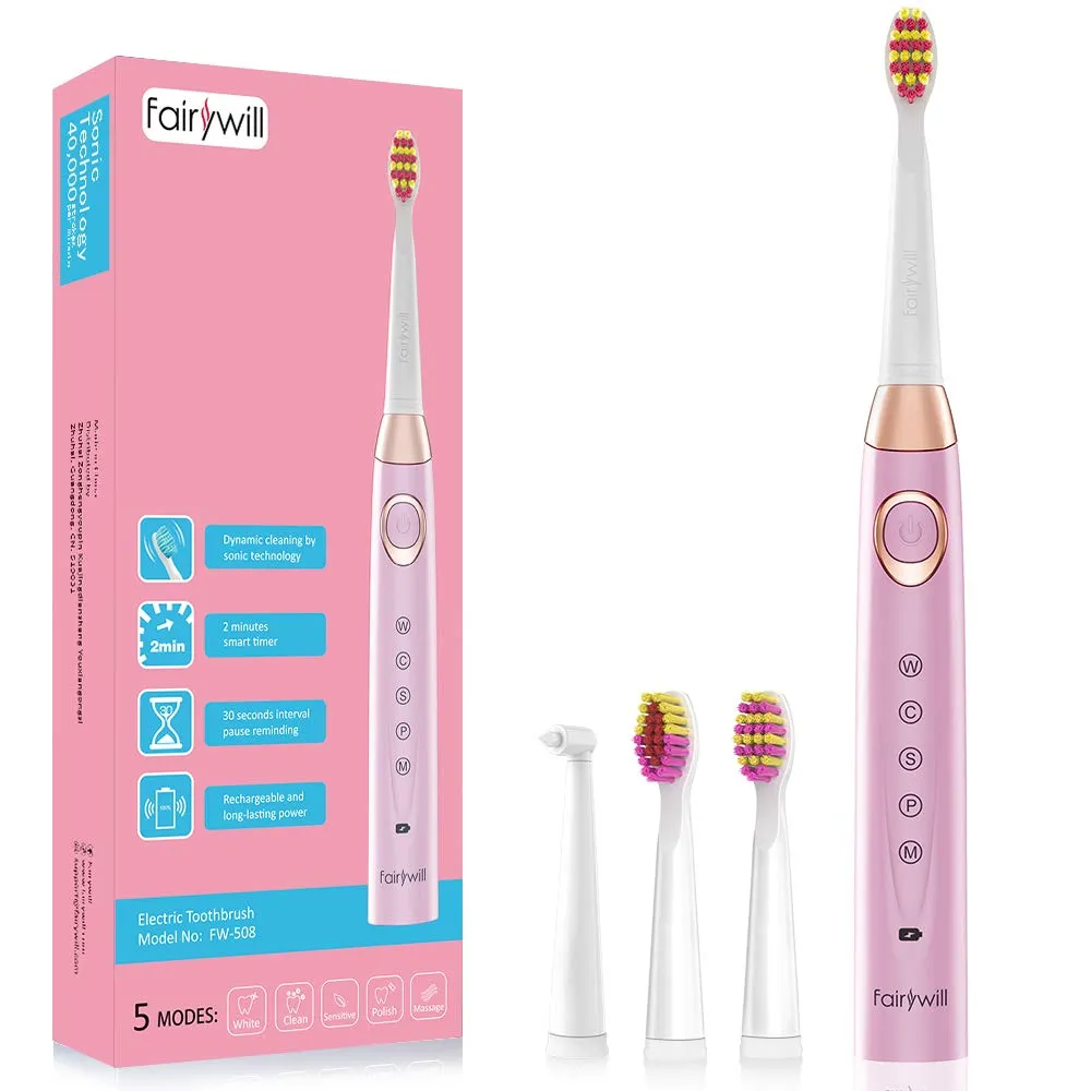 Fairywill Electric Sonic Toothbrush Waterproof 5 Modes USB Charge Rechargeable Adult 8 Brushes Replacement Heads Toothbrush Gift