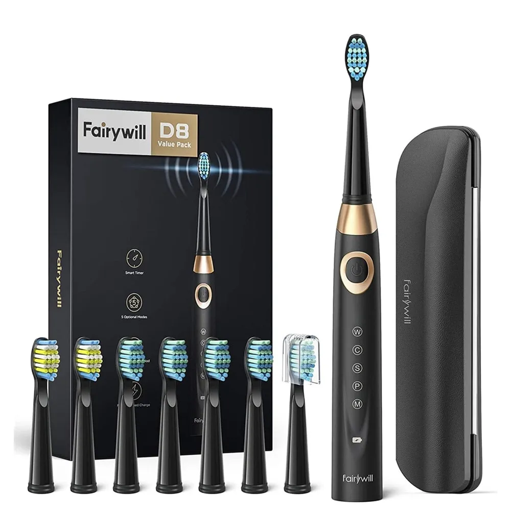 Fairywill Electric Sonic Toothbrush Waterproof 5 Modes USB Charge Rechargeable Adult 8 Brushes Replacement Heads Toothbrush Gift