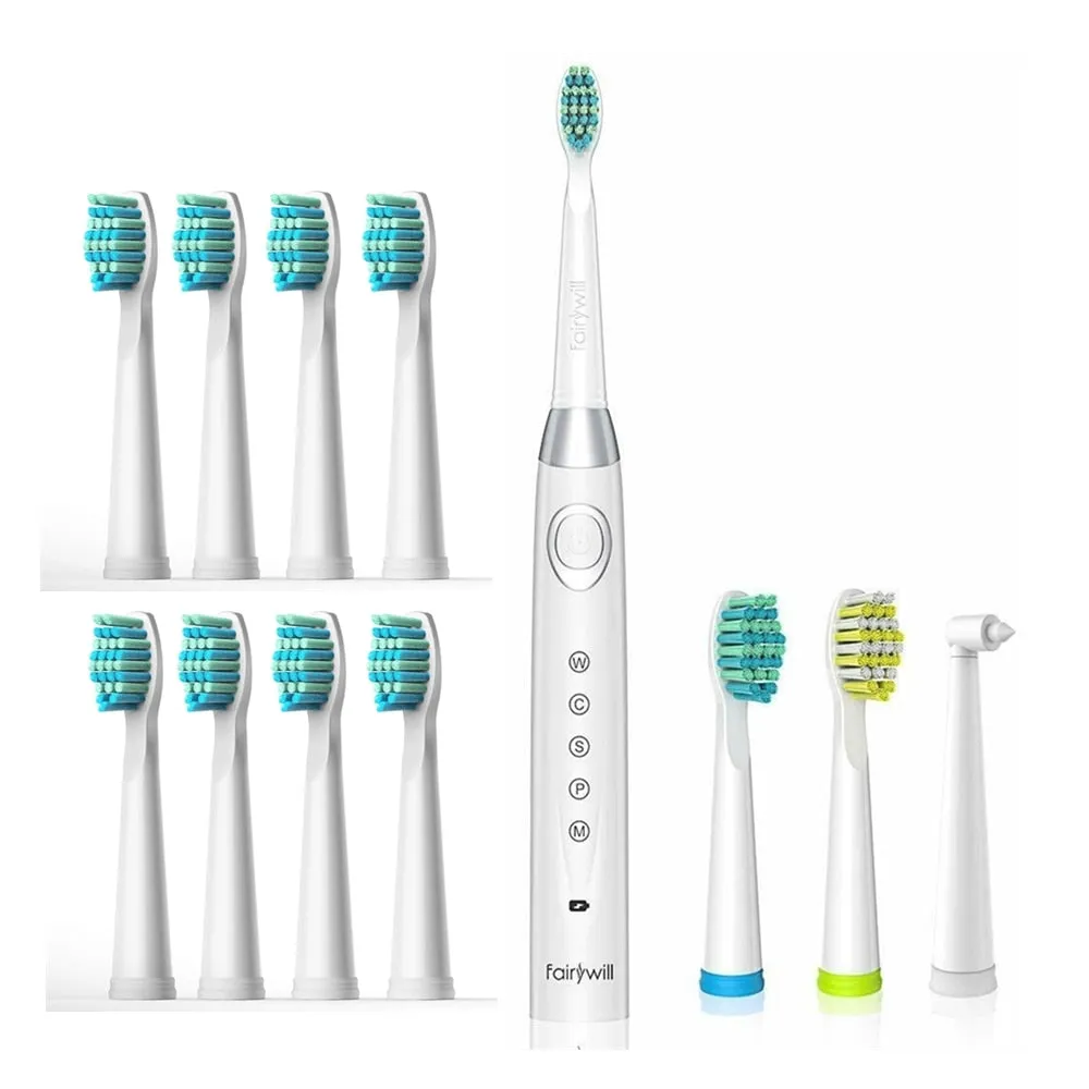 Fairywill Electric Sonic Toothbrush Waterproof 5 Modes USB Charge Rechargeable Adult 8 Brushes Replacement Heads Toothbrush Gift