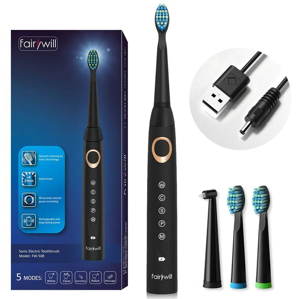Fairywill Electric Sonic Toothbrush Waterproof 5 Modes USB Charge Rechargeable Adult 8 Brushes Replacement Heads Toothbrush Gift