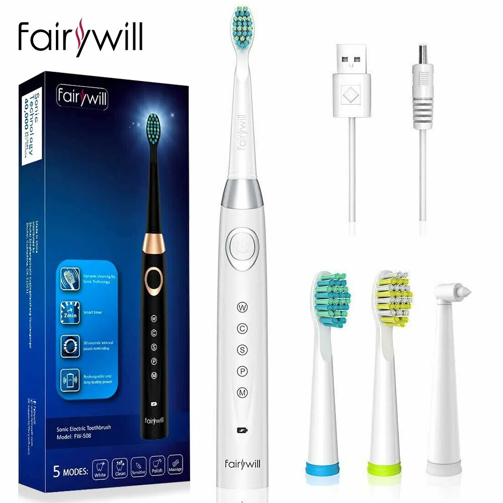 Fairywill Electric Sonic Toothbrush Waterproof 5 Modes USB Charge Rechargeable Adult 8 Brushes Replacement Heads Toothbrush Gift