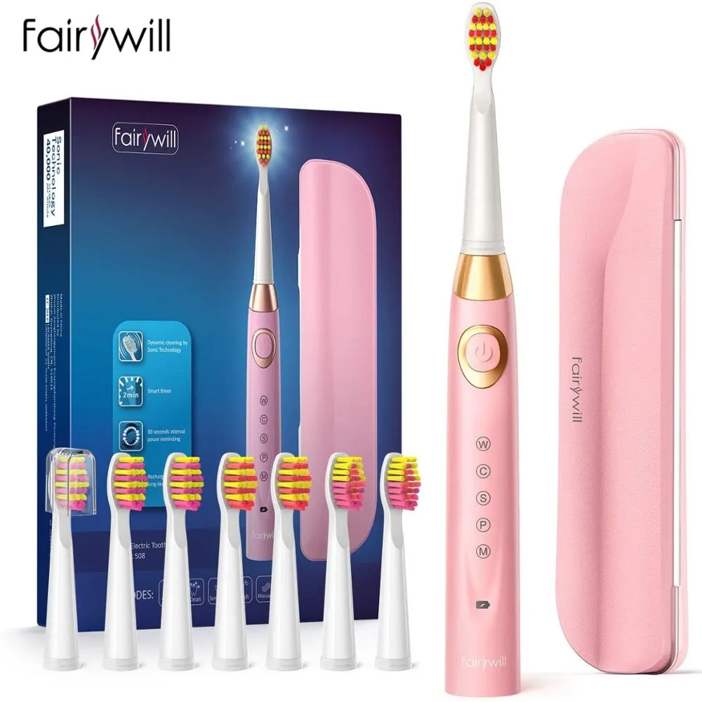 Fairywill Electric Sonic Toothbrush Waterproof 5 Modes USB Charge Rechargeable Adult 8 Brushes Replacement Heads Toothbrush Gift