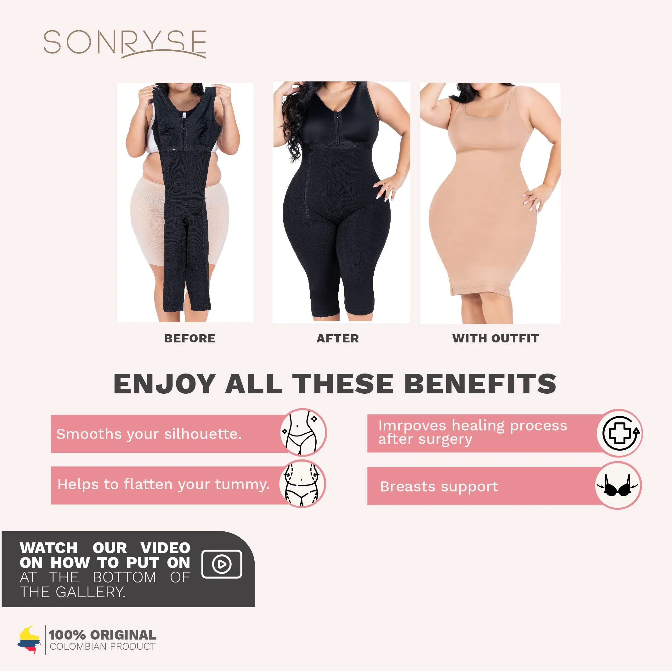 Fajas Sonryse 054BF | Tummy Control Compression Girdle Colombian Full Body Shaper with Built-in Bra | Post Surgery Postpartum