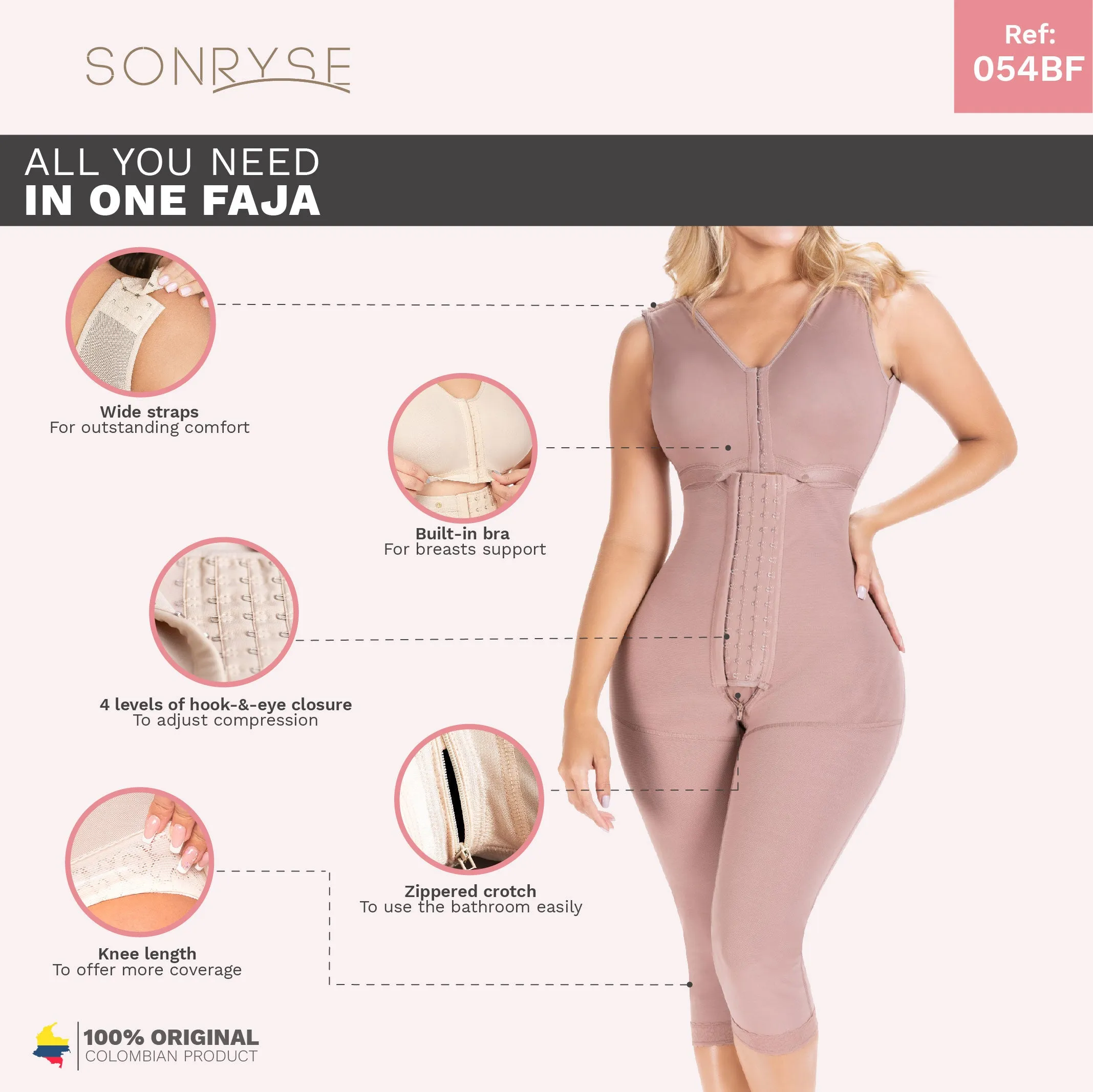 Fajas Sonryse 054BF | Tummy Control Compression Girdle Colombian Full Body Shaper with Built-in Bra | Post Surgery Postpartum