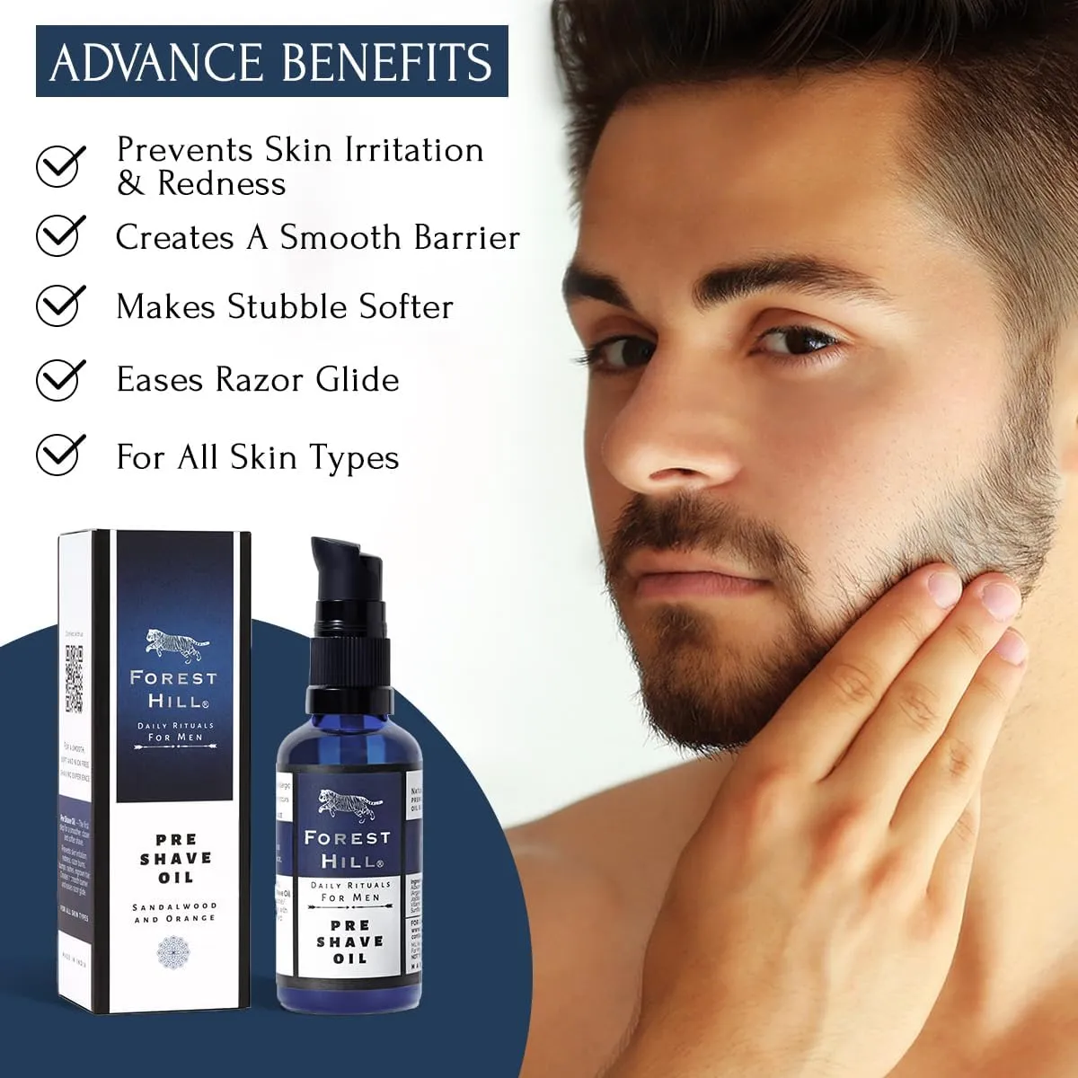 Forest Hill Set of 4 Men Gift Set Grooming Shaving Kit, Pre Shave Oil 50ml, Aqua Shaving Cream 75g, Taiga After Shave Balm 100ml & White Color Lincoln Synthetic Faux Badger Super Soft Hair Shaving Brush