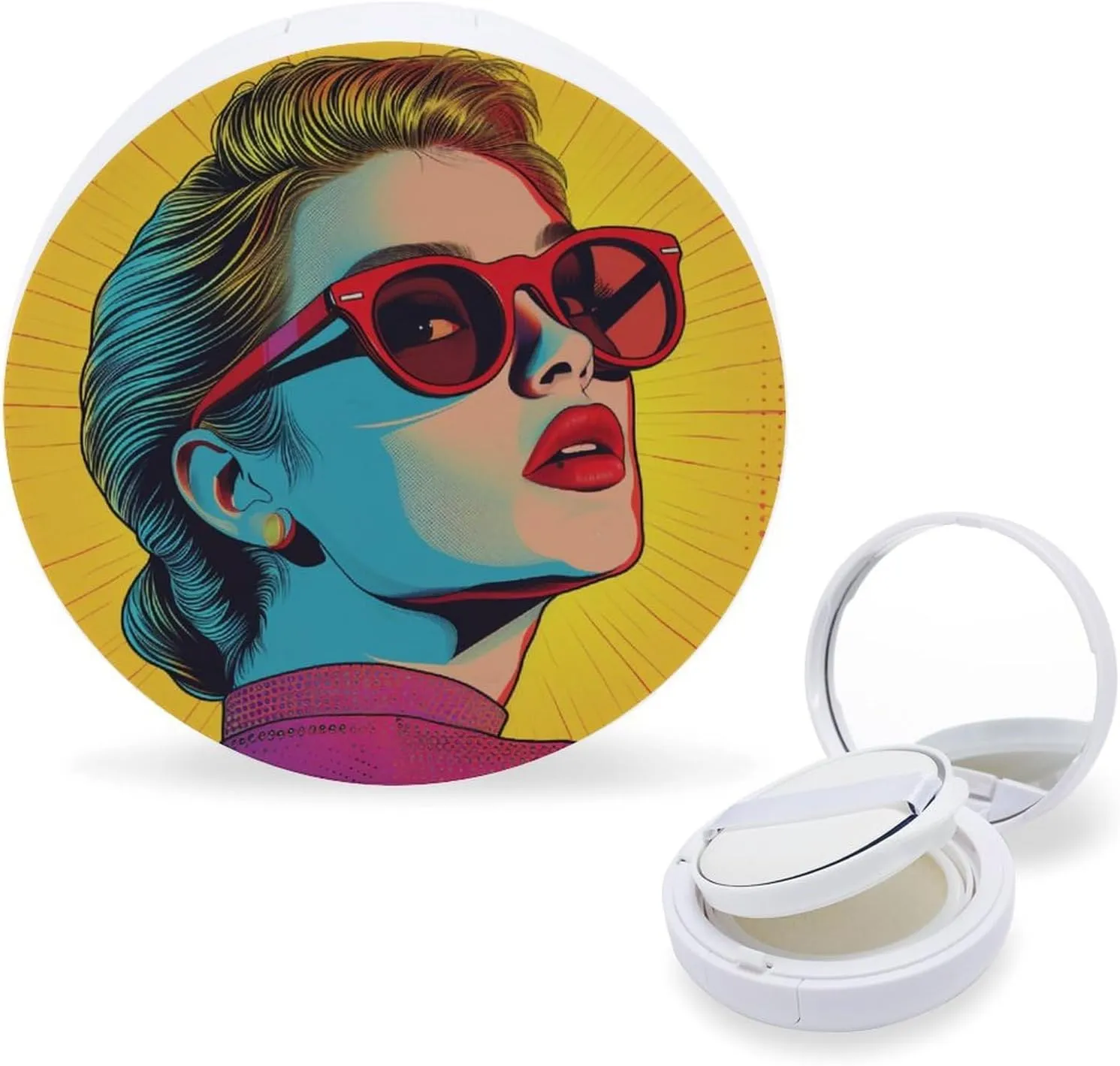 Girl in Sunglasses Air Cushion Puff Box Portable Cosmetic Makeup Case Container,80s Hair Style Loose Powder Foundation Container Suitable for BB Cream