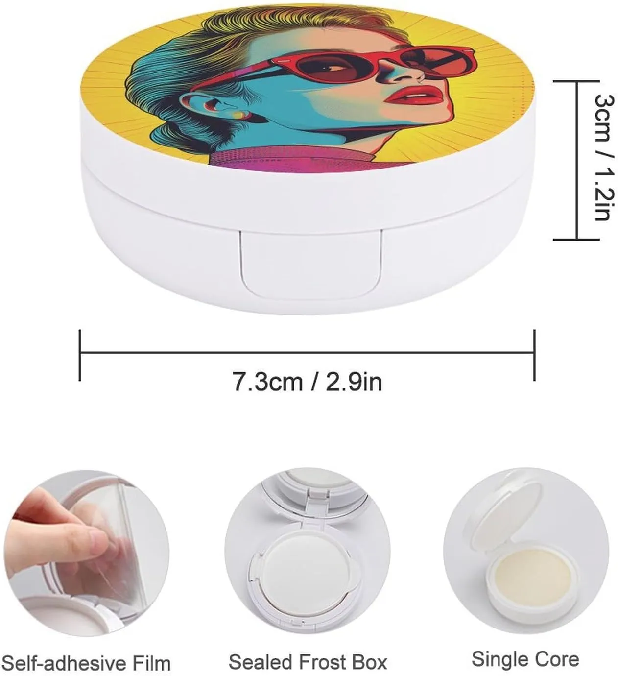Girl in Sunglasses Air Cushion Puff Box Portable Cosmetic Makeup Case Container,80s Hair Style Loose Powder Foundation Container Suitable for BB Cream