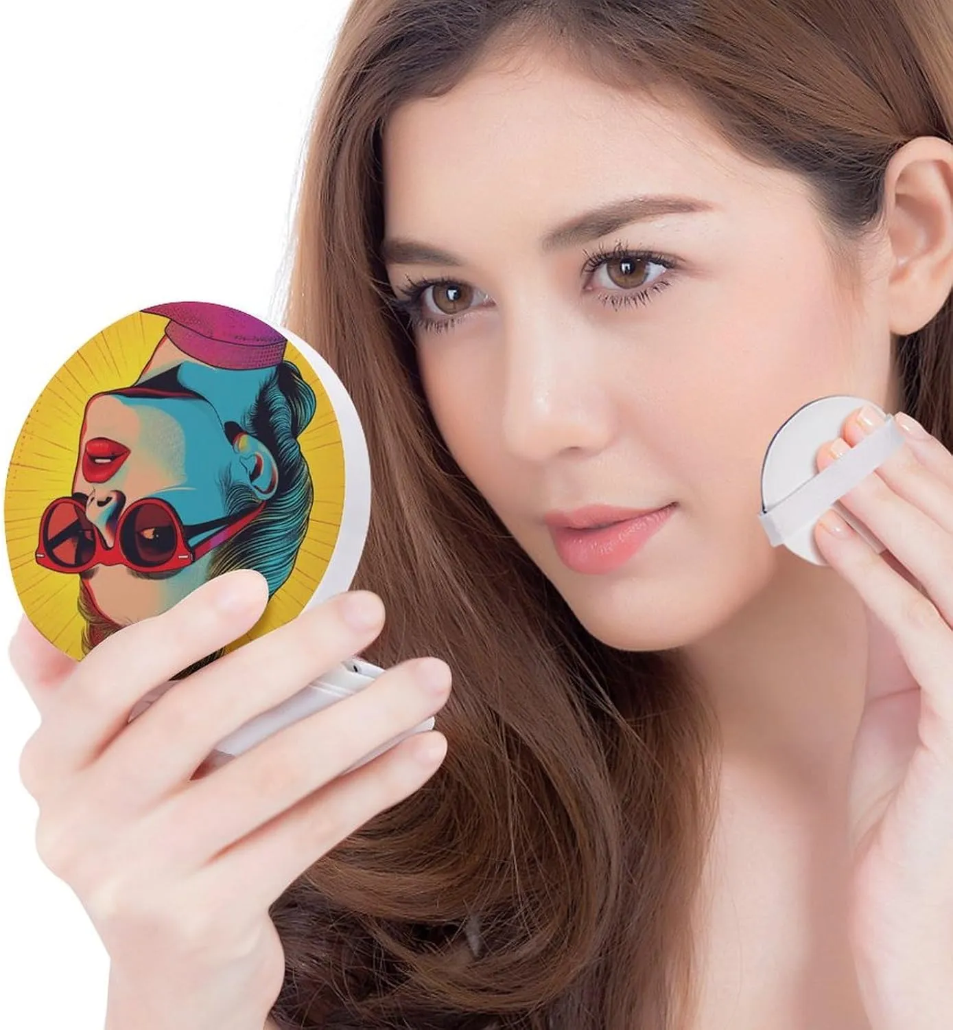 Girl in Sunglasses Air Cushion Puff Box Portable Cosmetic Makeup Case Container,80s Hair Style Loose Powder Foundation Container Suitable for BB Cream