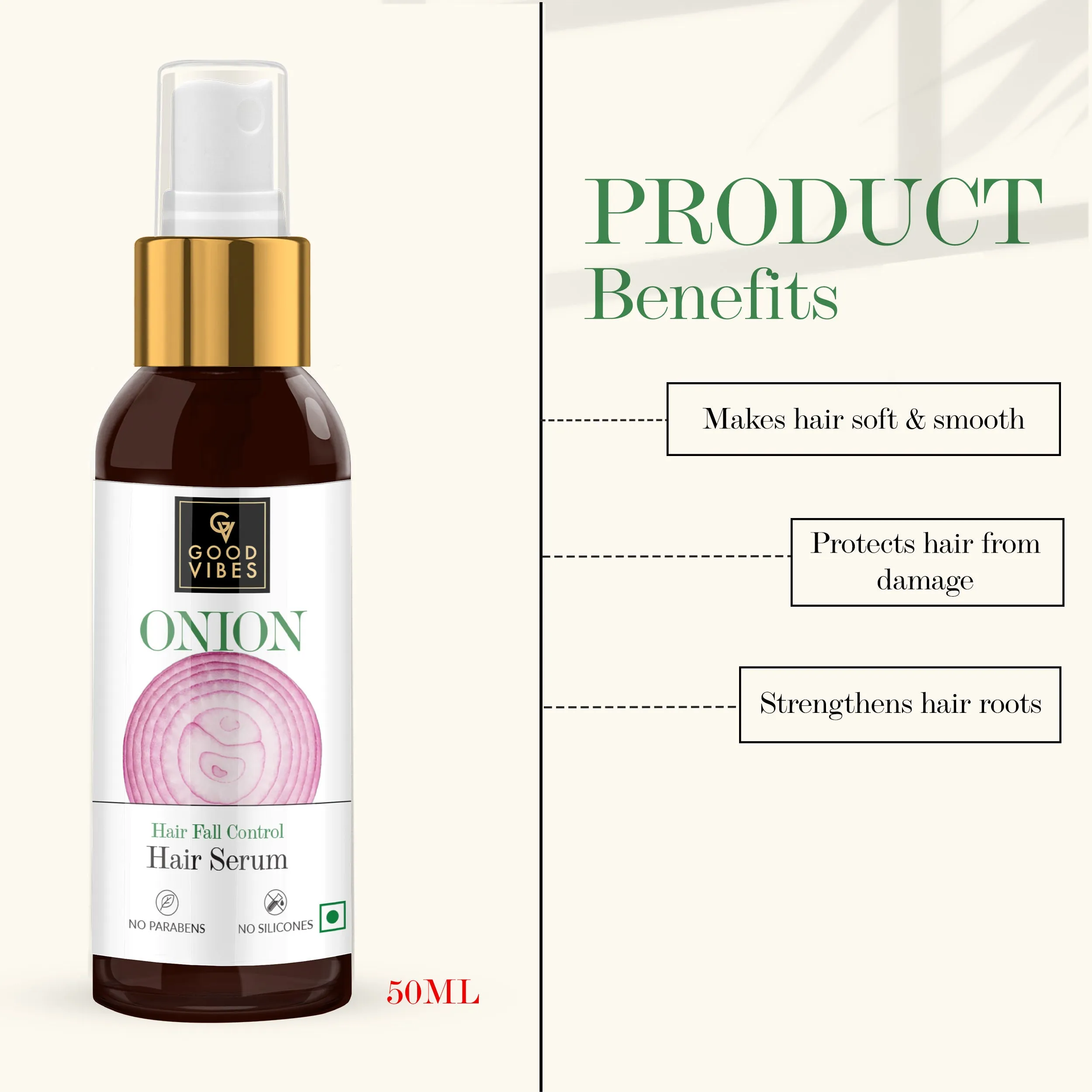 Good Vibes Onion Hair Fall Control Hair Serum | Hair Growth, Strenghtening | No Parabens, No Sulphates, No Animal Testing (50ml)