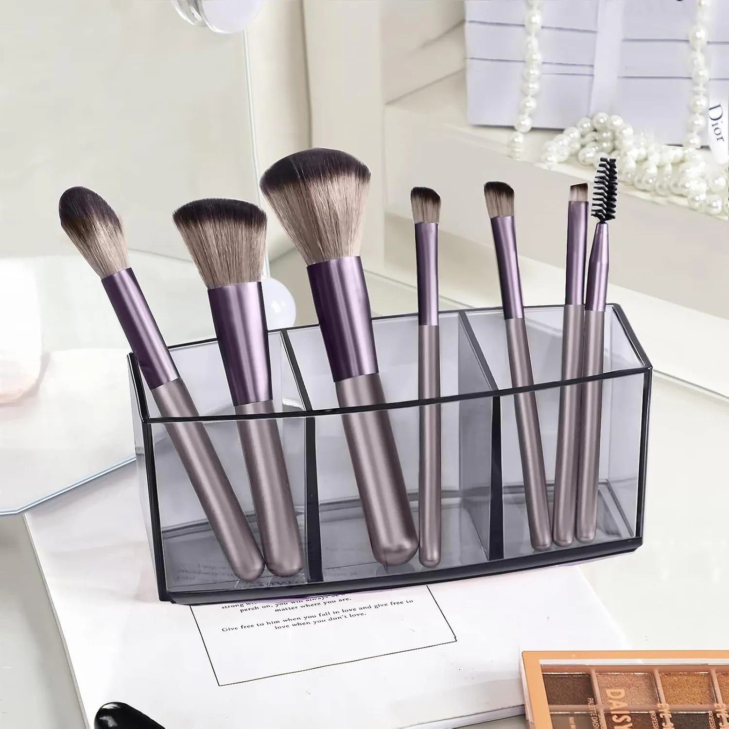 HBlife Clear Makeup Brush Holder Organizer, Acrylic Cosmetic Brushes Storage with 3 Slots, Eyeliners Display Case for Vanity