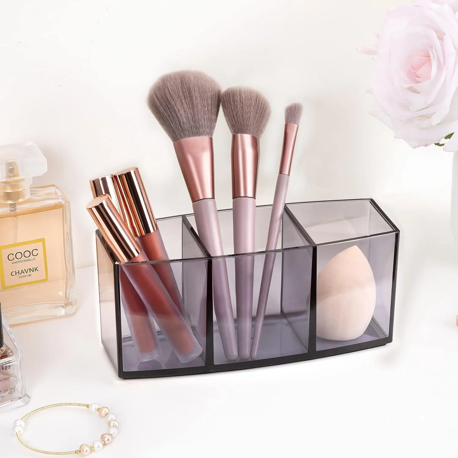 HBlife Clear Makeup Brush Holder Organizer, Acrylic Cosmetic Brushes Storage with 3 Slots, Eyeliners Display Case for Vanity