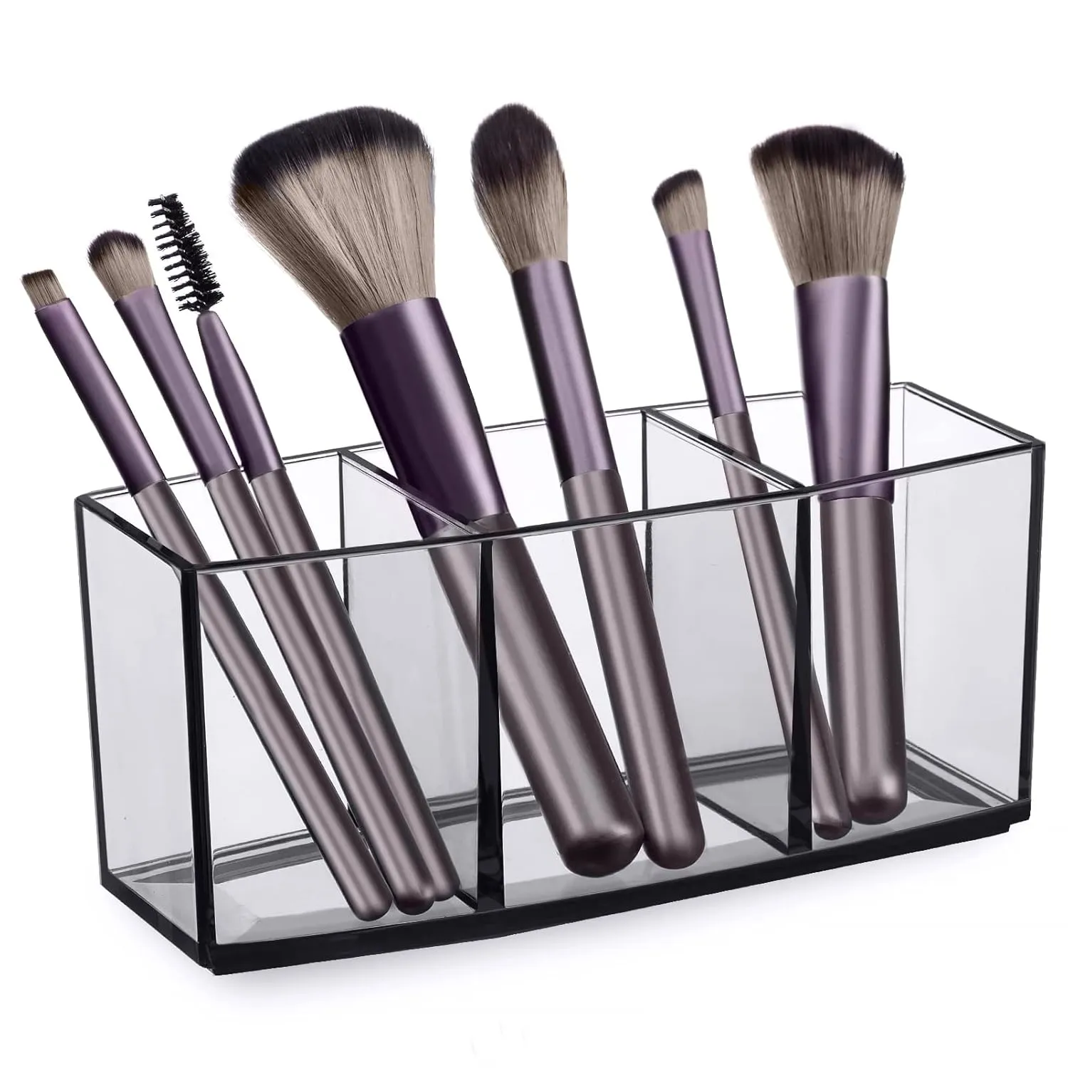 HBlife Clear Makeup Brush Holder Organizer, Acrylic Cosmetic Brushes Storage with 3 Slots, Eyeliners Display Case for Vanity