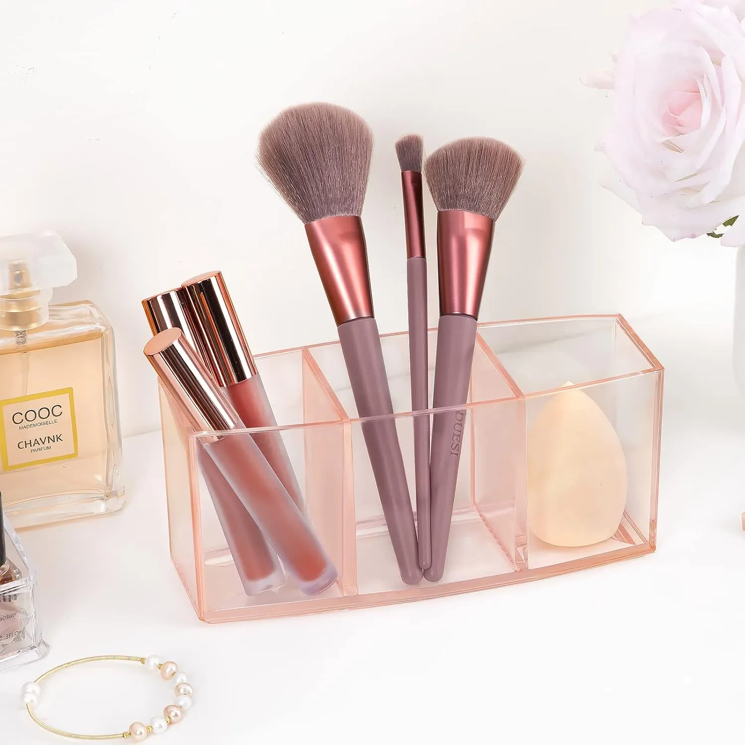 HBlife Clear Makeup Brush Holder Organizer, Acrylic Cosmetic Brushes Storage with 3 Slots, Eyeliners Display Case for Vanity