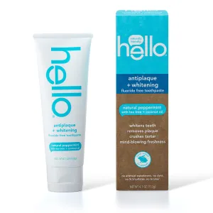 Hello Antiplaque   Whitening Fluoride Free Toothpaste, Natural Peppermint w Tea Tree & Coconut Oil, 4.7 oz