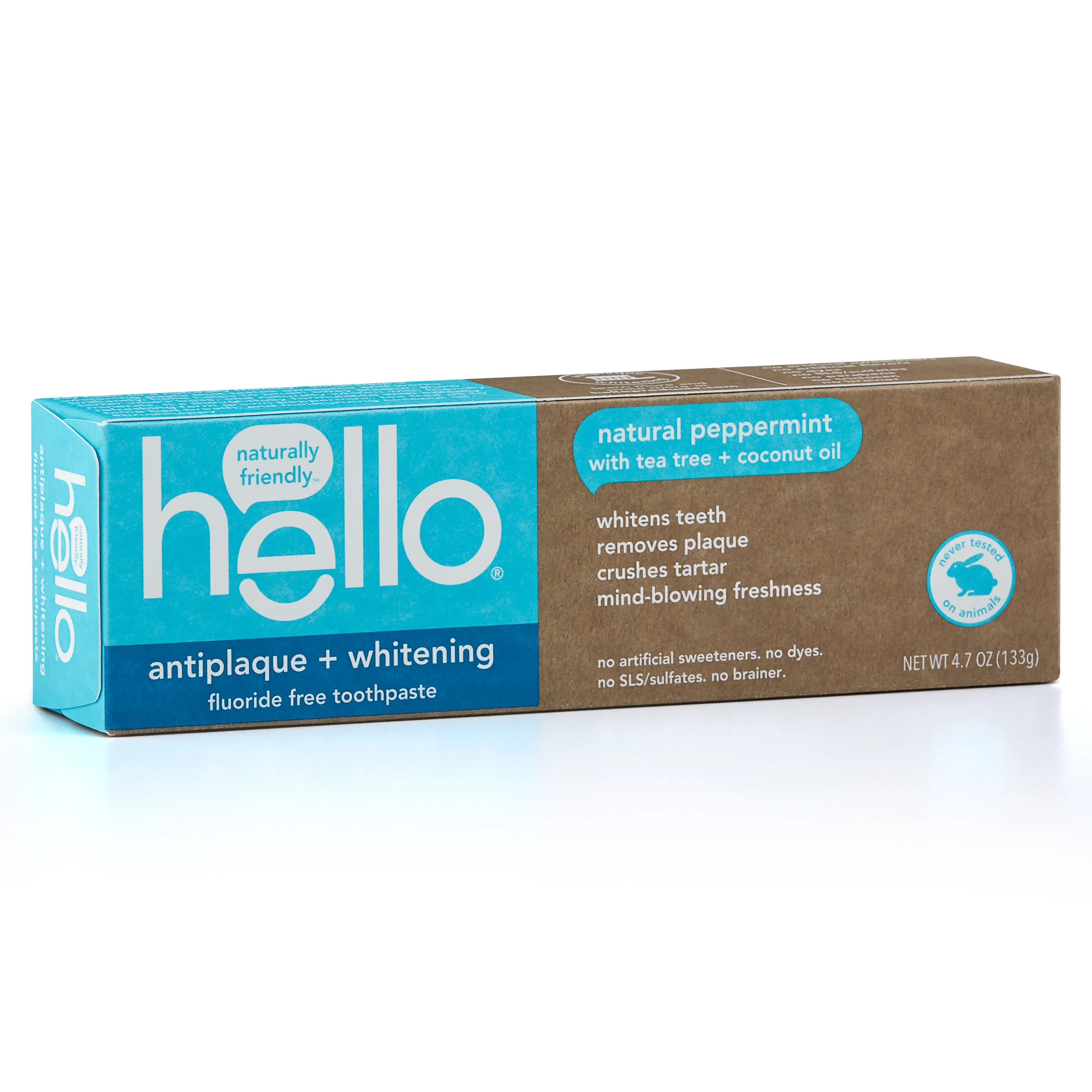 Hello Antiplaque   Whitening Fluoride Free Toothpaste, Natural Peppermint w Tea Tree & Coconut Oil, 4.7 oz