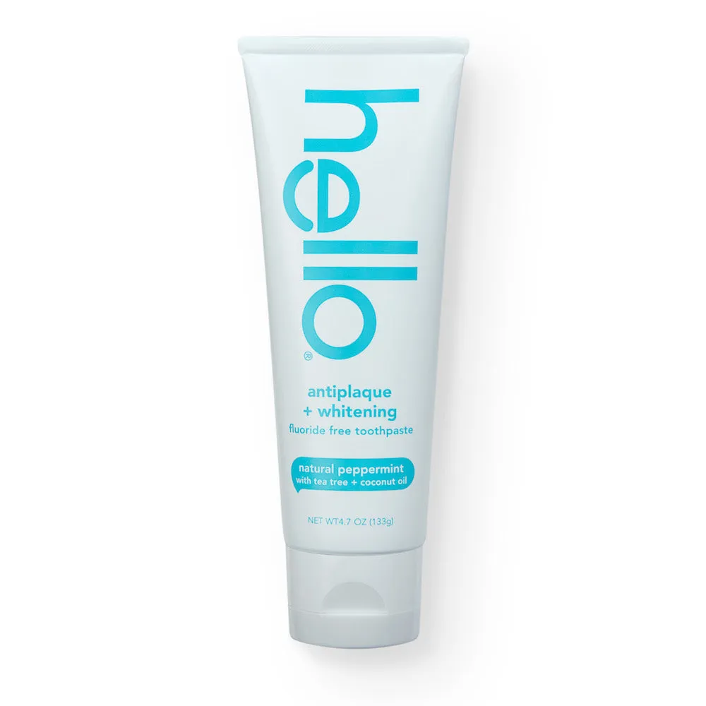 Hello Antiplaque   Whitening Fluoride Free Toothpaste, Natural Peppermint w Tea Tree & Coconut Oil, 4.7 oz