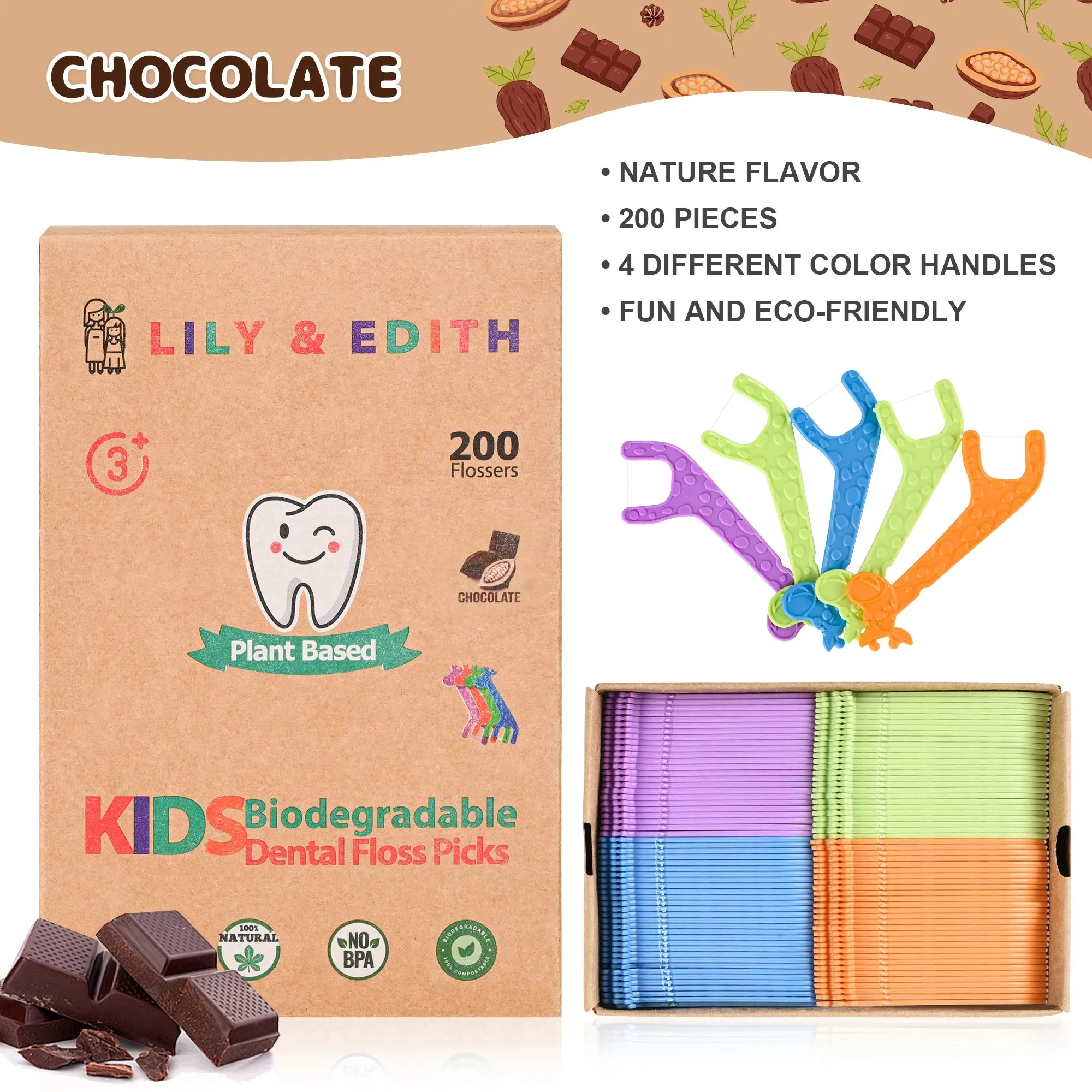 Kids Biodegradable Dental Floss Picks 200 Counts | Chocolate