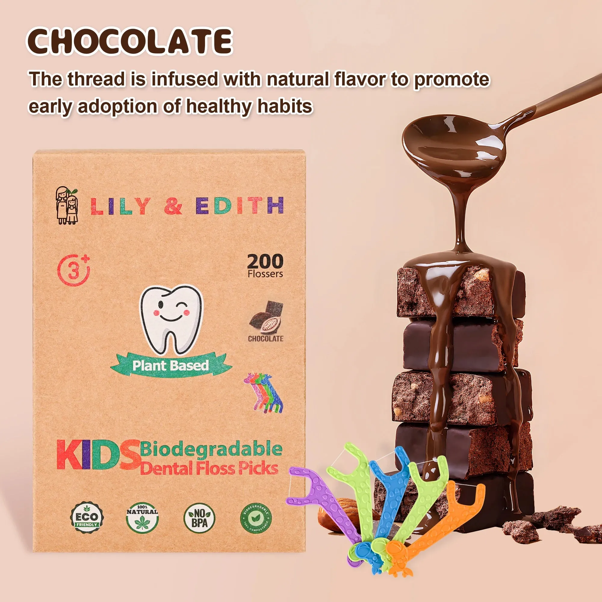 Kids Biodegradable Dental Floss Picks 200 Counts | Chocolate