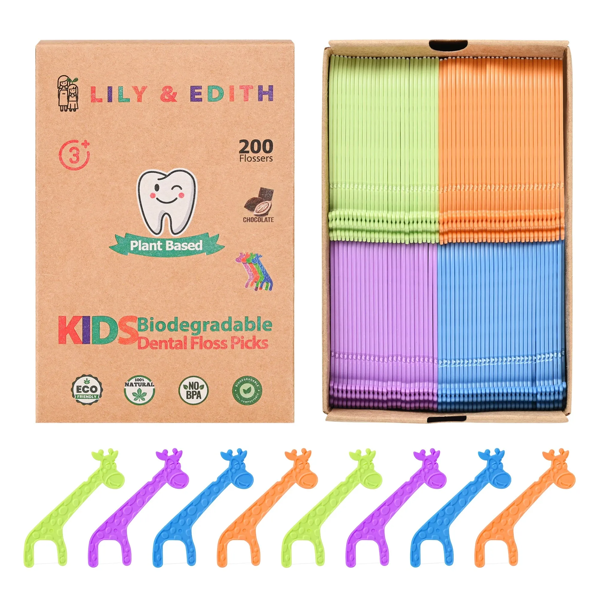 Kids Biodegradable Dental Floss Picks 200 Counts | Chocolate