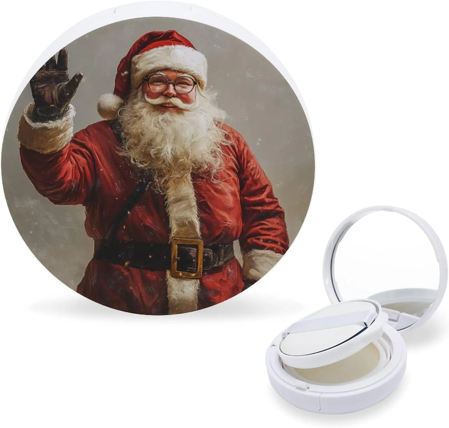 Kind Santa Wearing Glasses Air Cushion Puff Box Portable Cosmetic Makeup Case Container,raise Hand Say Hi Loose Powder Foundation Container Suitable for BB Cream