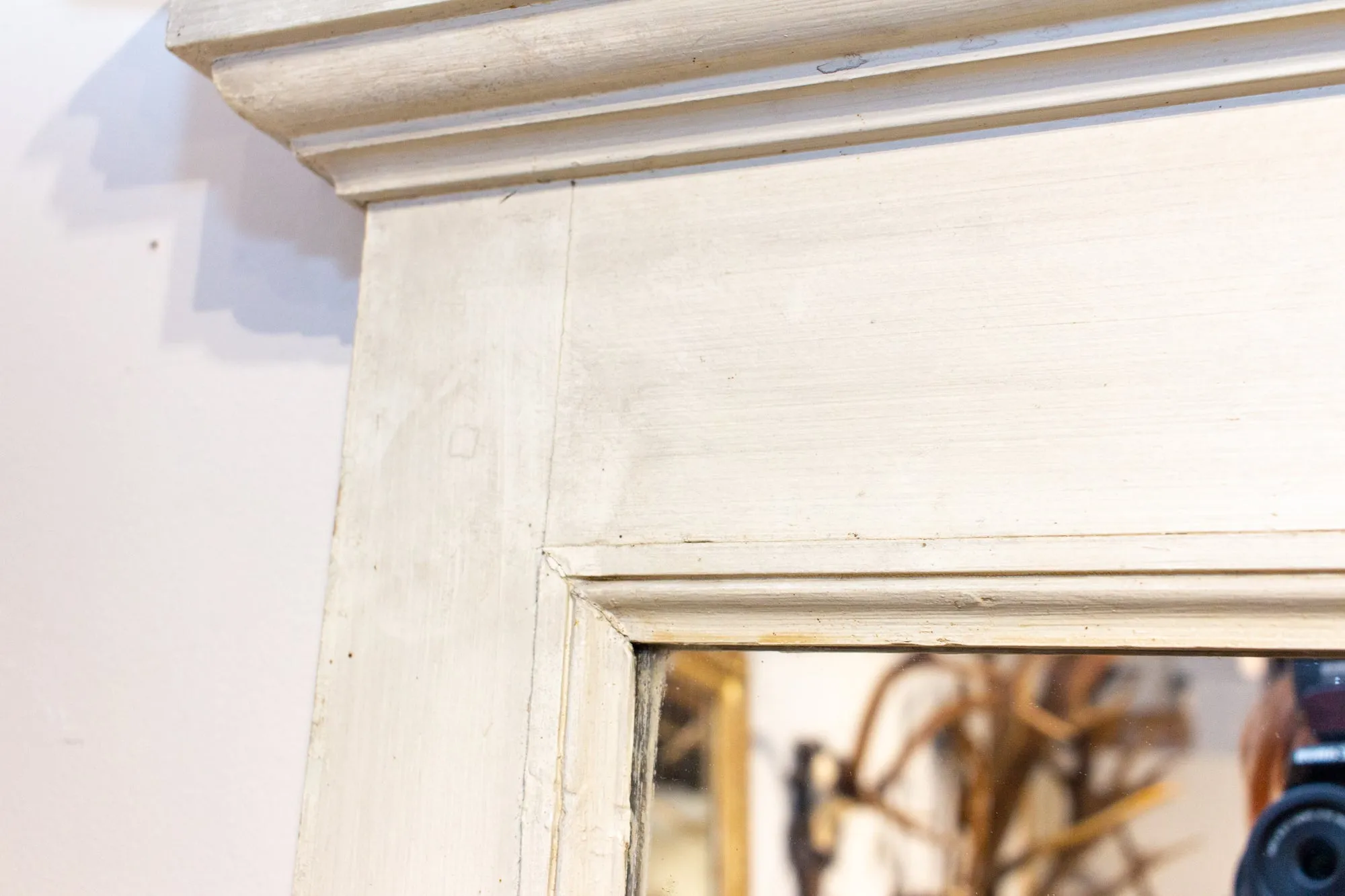 Large Antique French Painted Floor Mirror in Antiqued White