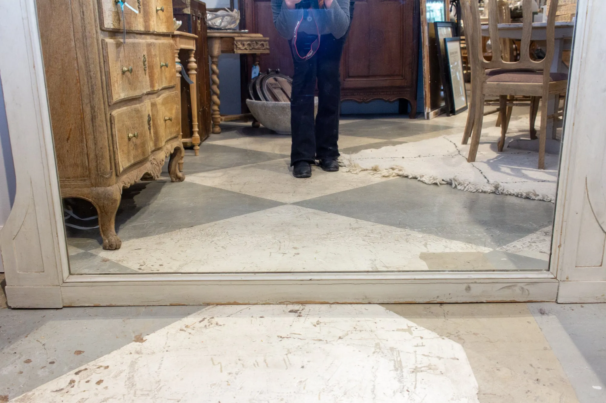 Large Antique French Painted Floor Mirror in Antiqued White