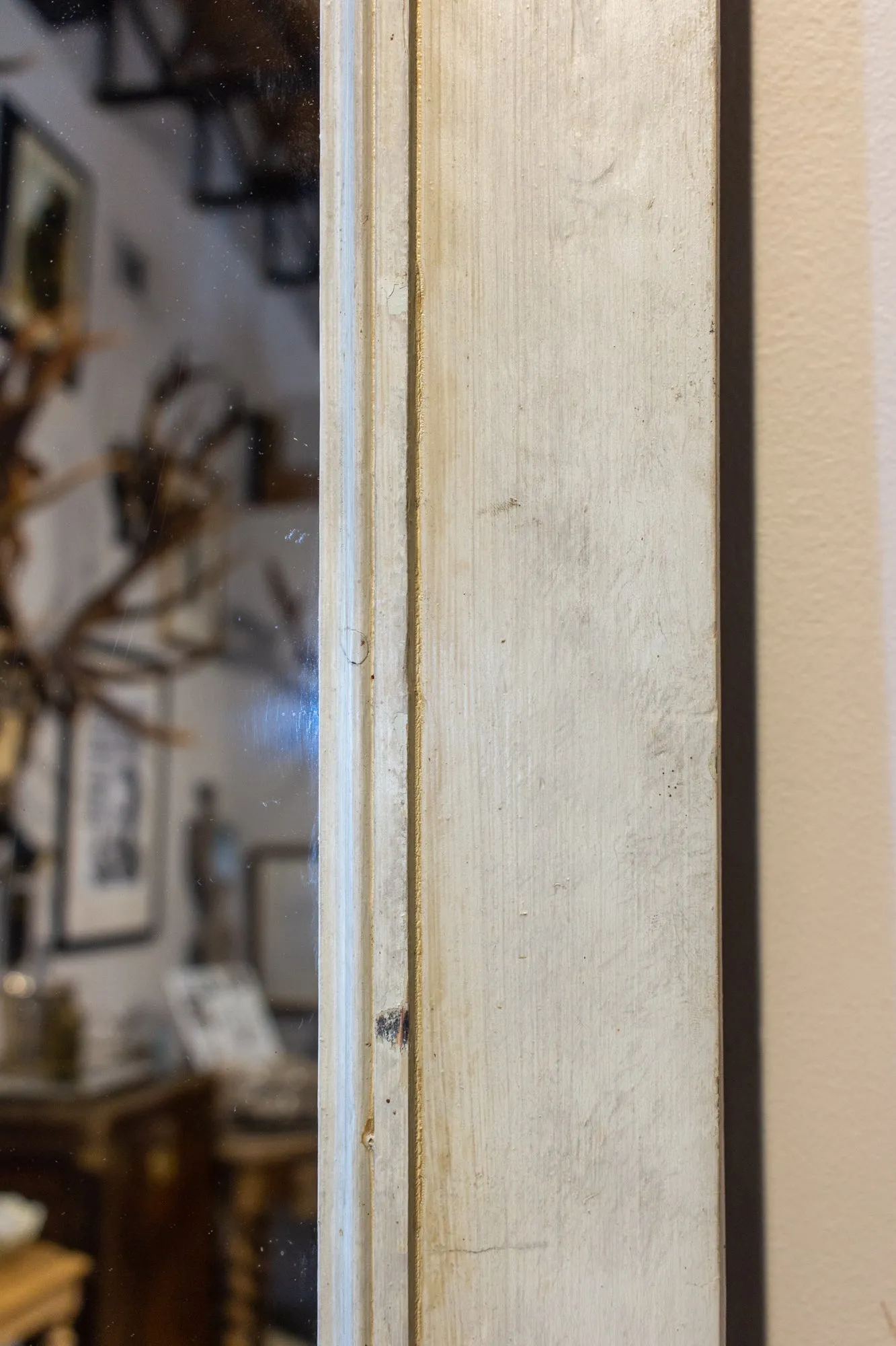 Large Antique French Painted Floor Mirror in Antiqued White