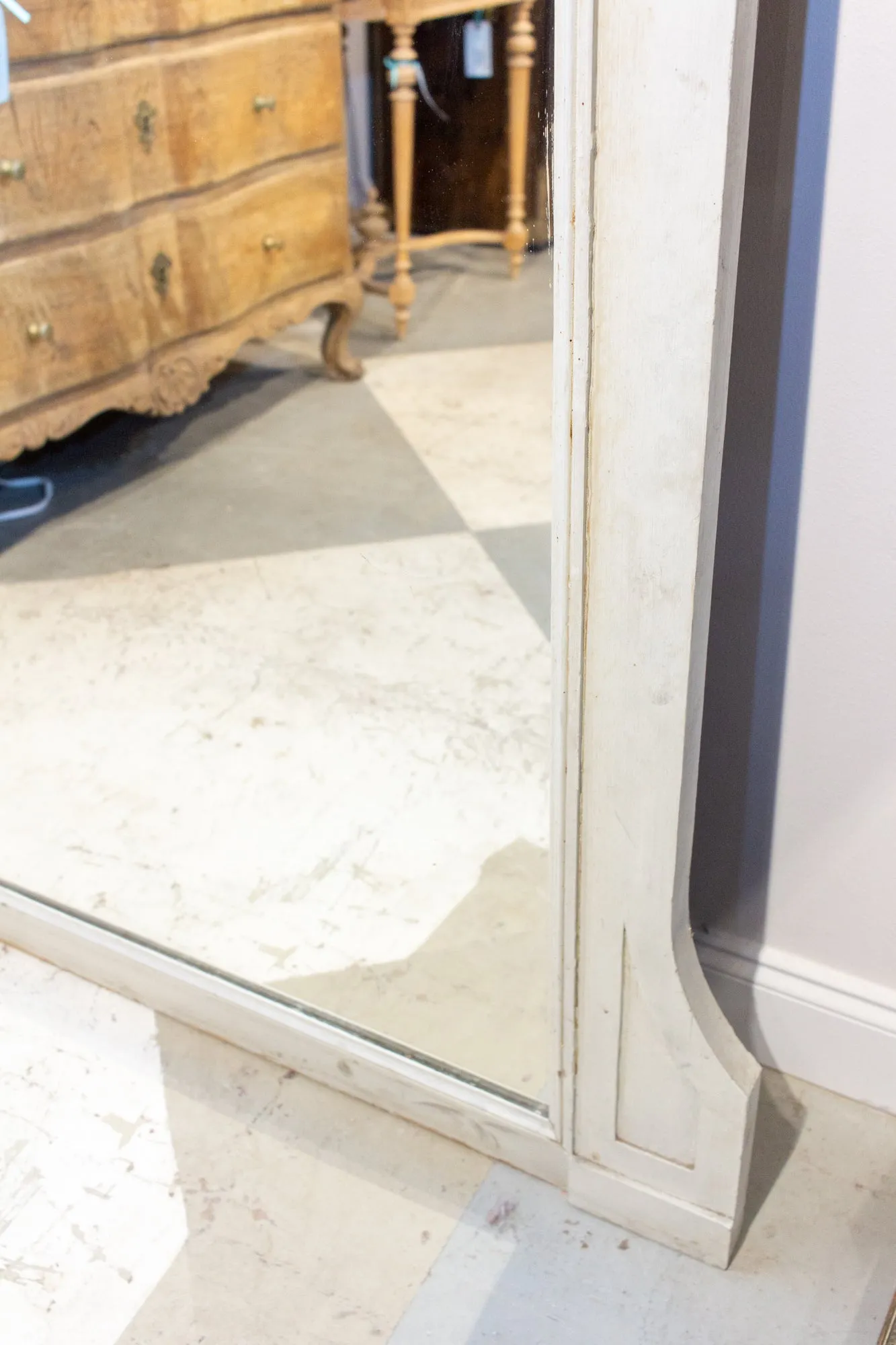 Large Antique French Painted Floor Mirror in Antiqued White