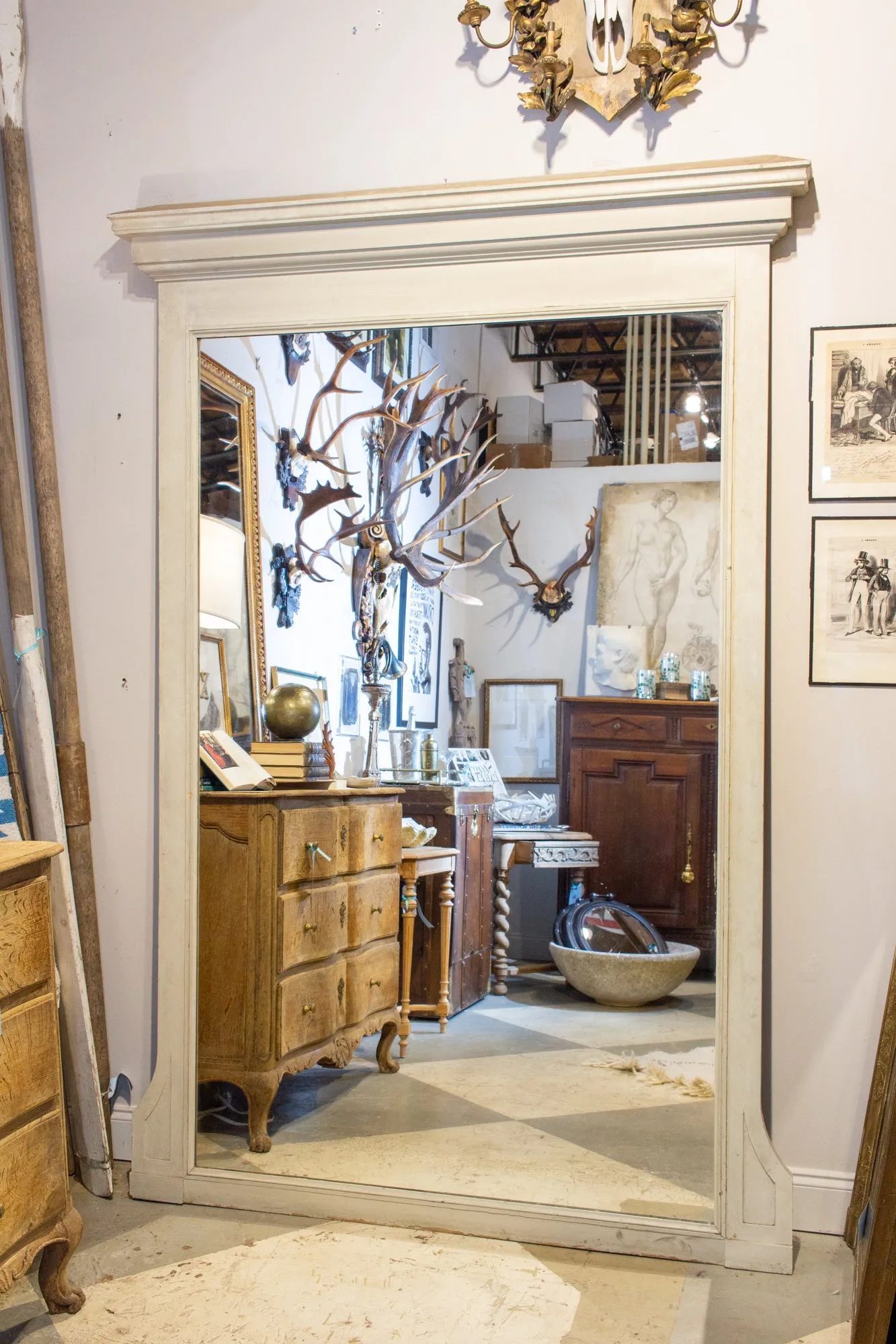 Large Antique French Painted Floor Mirror in Antiqued White