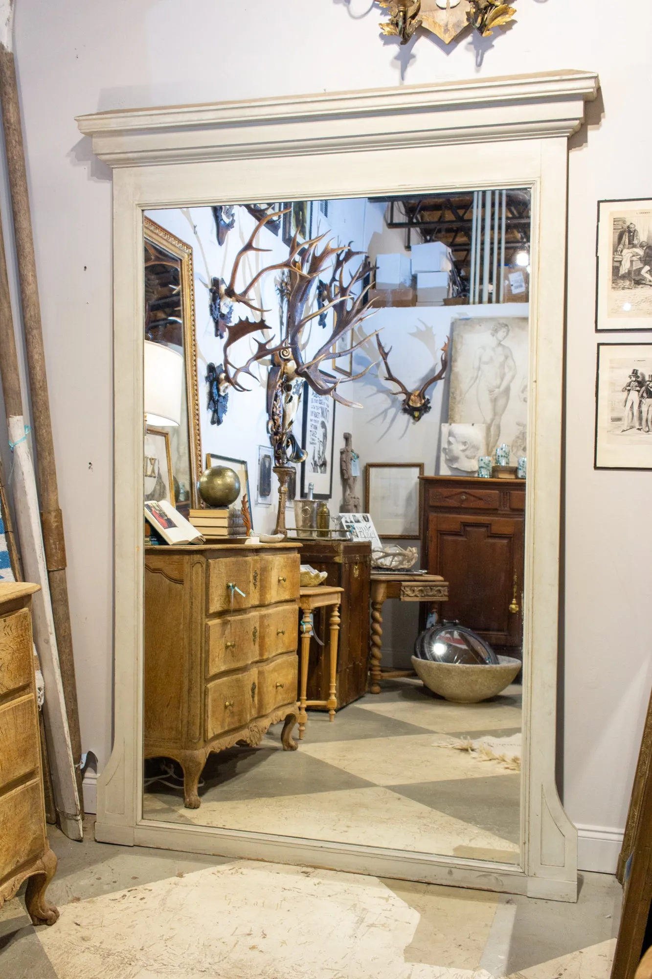 Large Antique French Painted Floor Mirror in Antiqued White