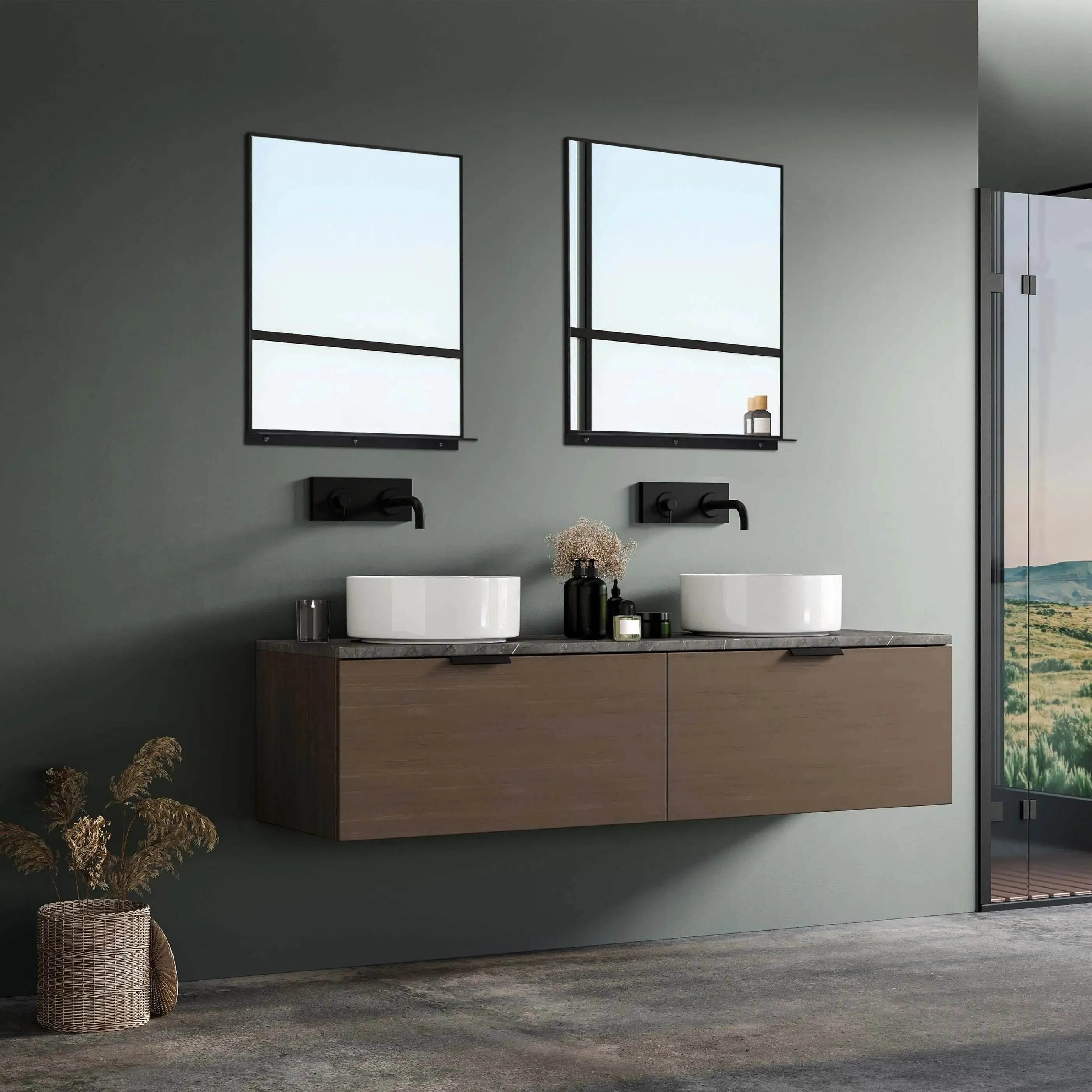 Lexi 24"W x 32"H Rectangular Framed Mirror with Integrated Shelf in Matte Black