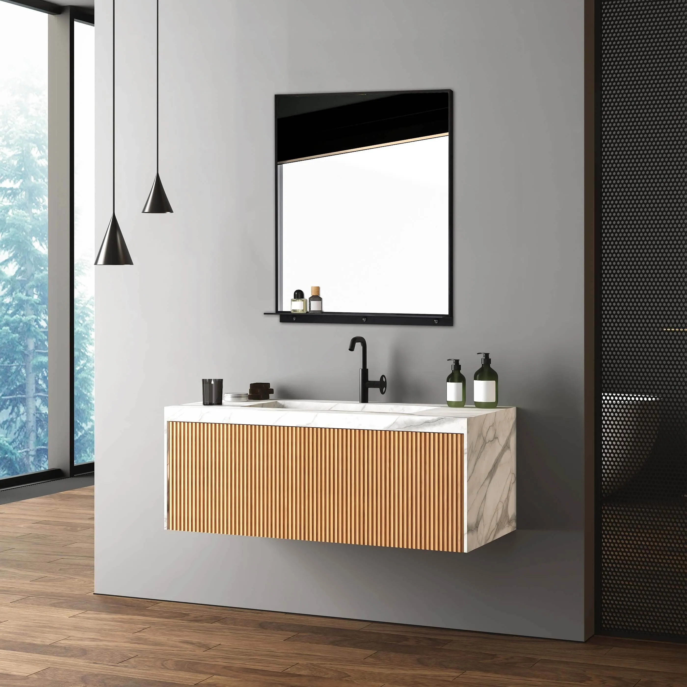 Lexi 24"W x 32"H Rectangular Framed Mirror with Integrated Shelf in Matte Black