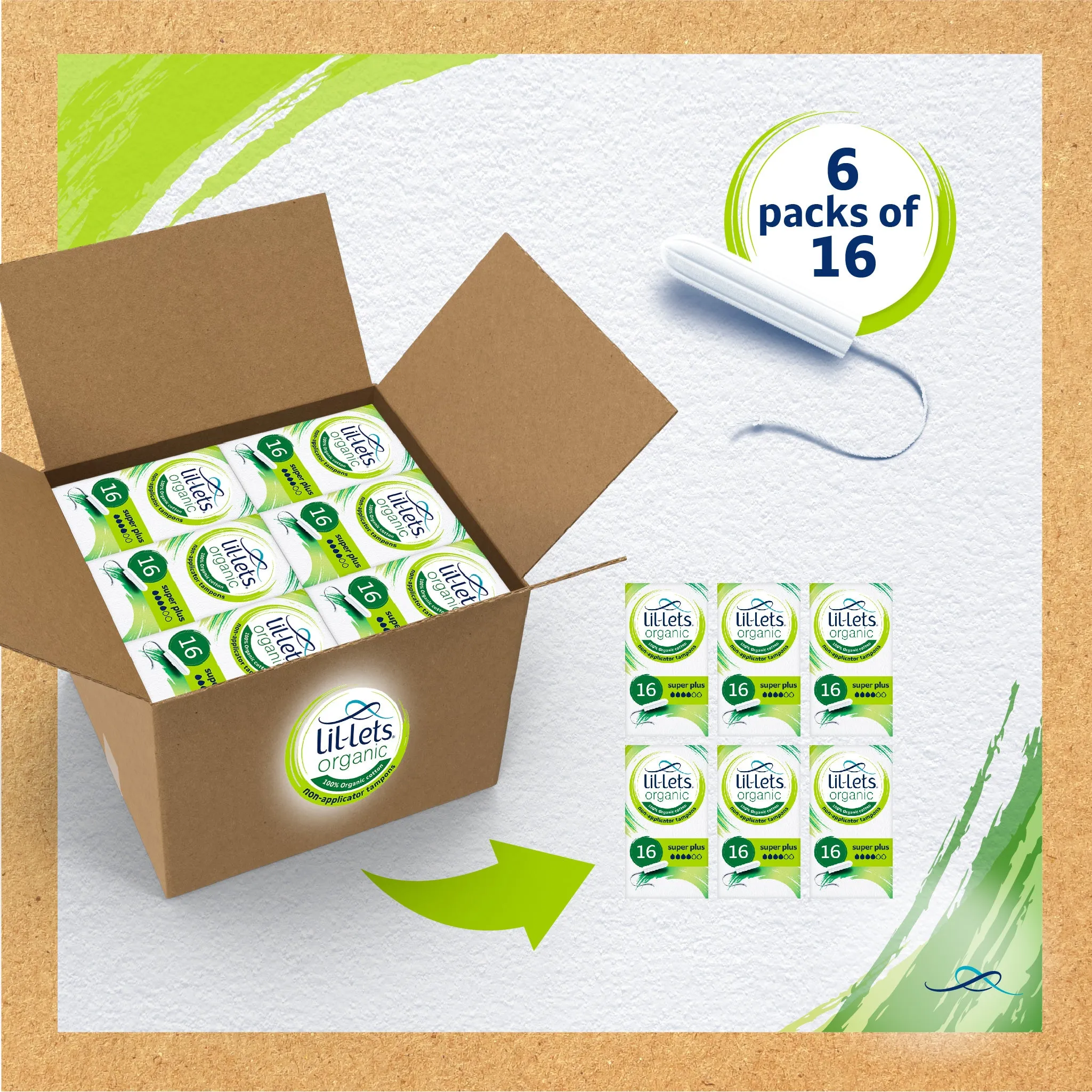 Lil-Lets Organic Non-Applicator Super Plus Tampons - Megapack x 96 - Heavy Flow