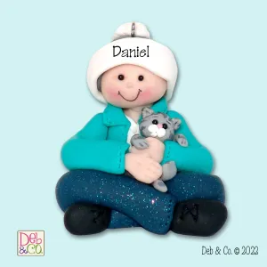 Little Boy Sitting with Kitty Cat HANDMADE POLYMER CLAY Ornament - Personalized Christmas Ornament