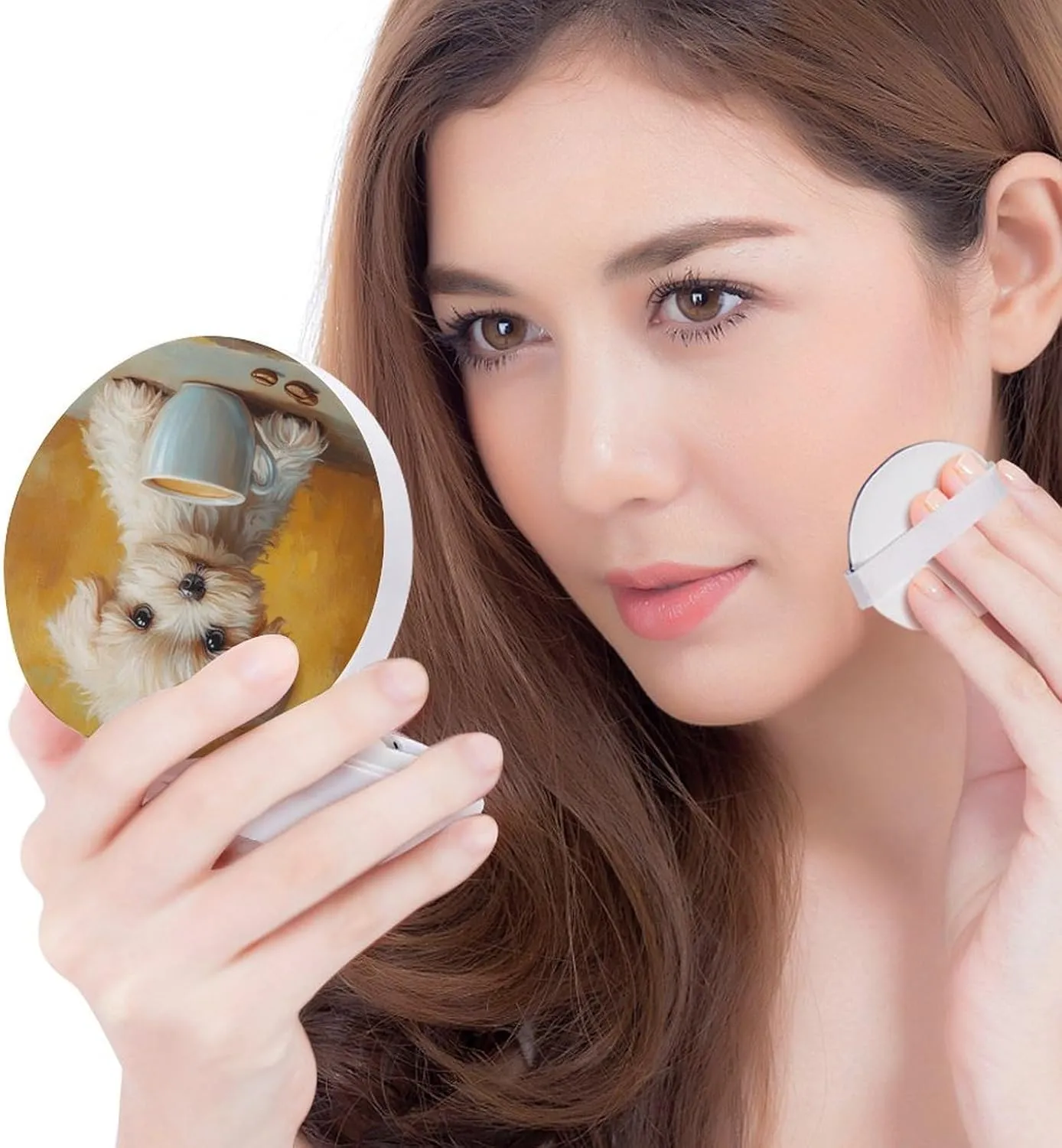 Little Sweet Dog with A Coffee Cup Air Cushion Puff Box Portable Cosmetic Makeup Case Container,cute Animal Loose Powder Foundation Container Suitable for BB Cream