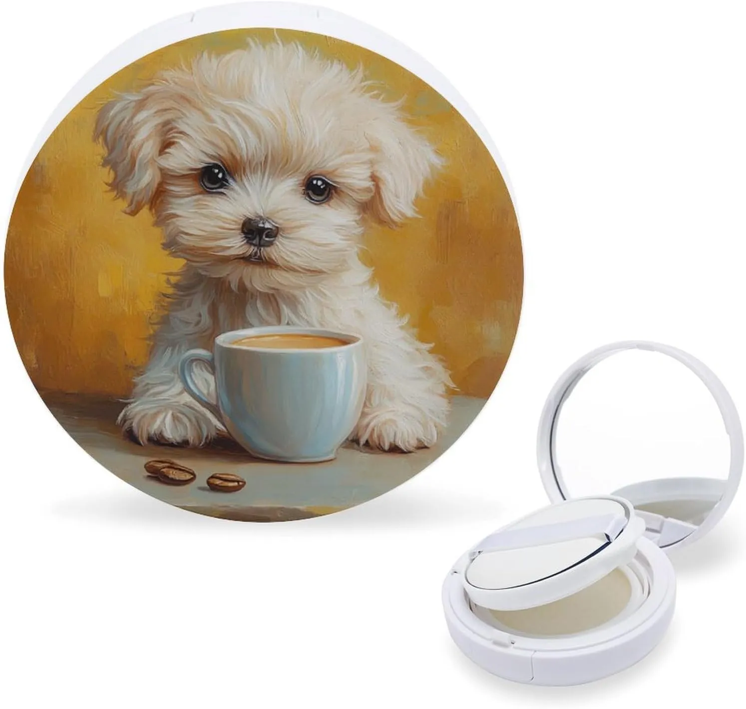 Little Sweet Dog with A Coffee Cup Air Cushion Puff Box Portable Cosmetic Makeup Case Container,cute Animal Loose Powder Foundation Container Suitable for BB Cream