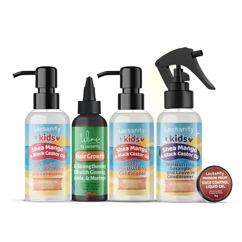Locsanity Natural Kids Travel Kit, 2-in-1 Shampoo/Conditioner, Deep Conditioner, Hair Oil, Detangler, Gel